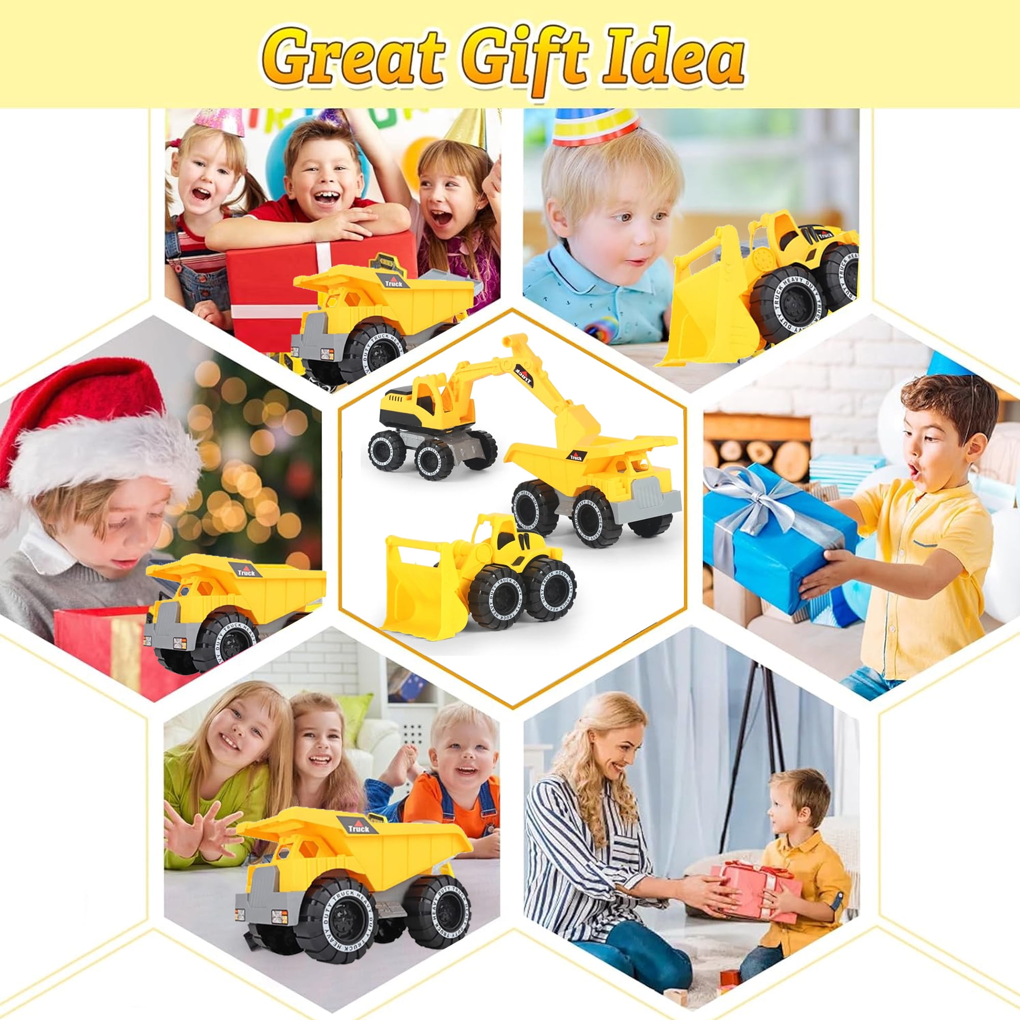Facvoer Construction Vehicle Toy Set, Realistic Excavator, Dump Truck, and Loader for Sandbox Play (Yellow, 3-Piece Set) tkc4l