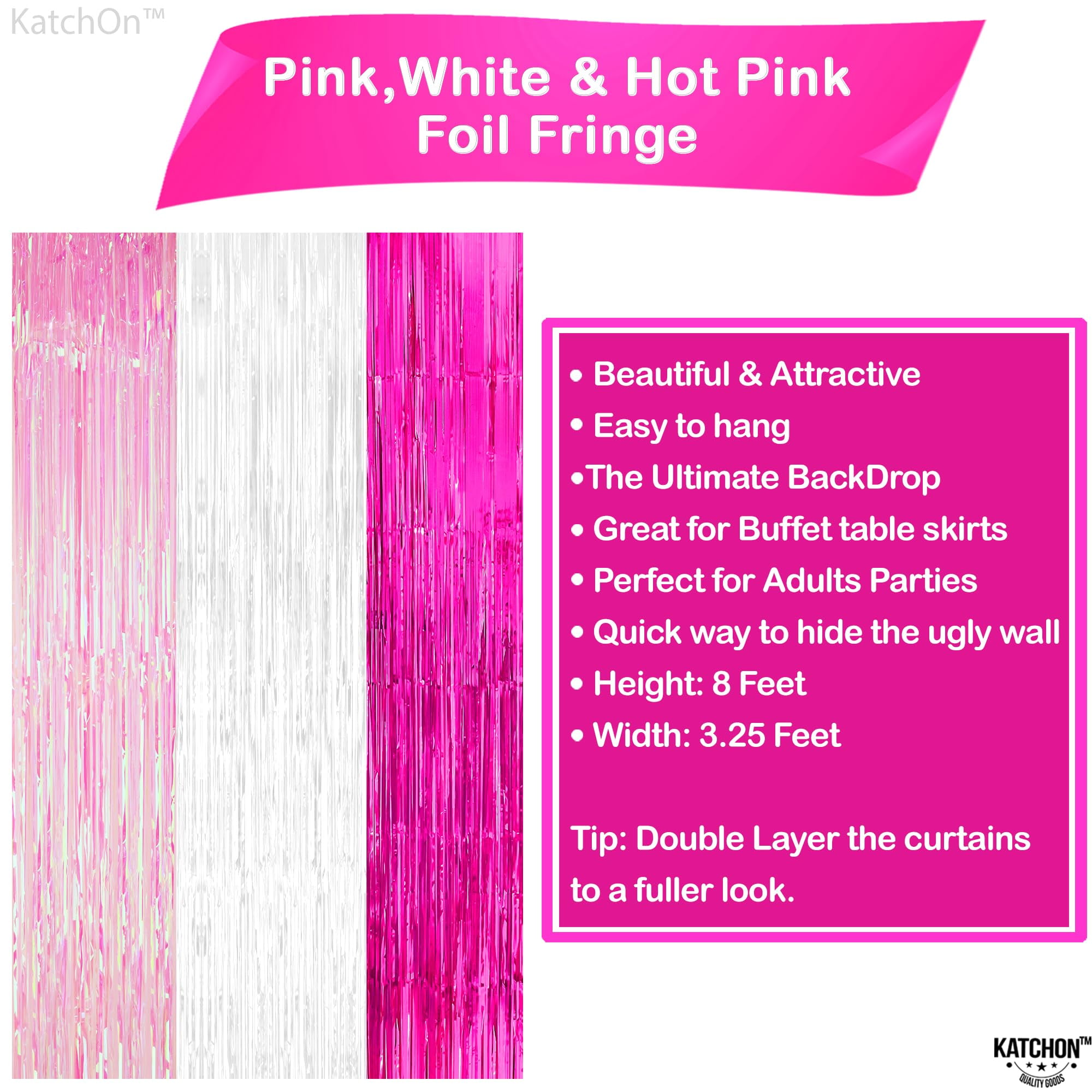 KatchOn Fringe Curtain Backdrop, Pink and White Tinsel Streamers for Party Decorations (3 Pack, 8 ft x 3.25 ft) 9luop