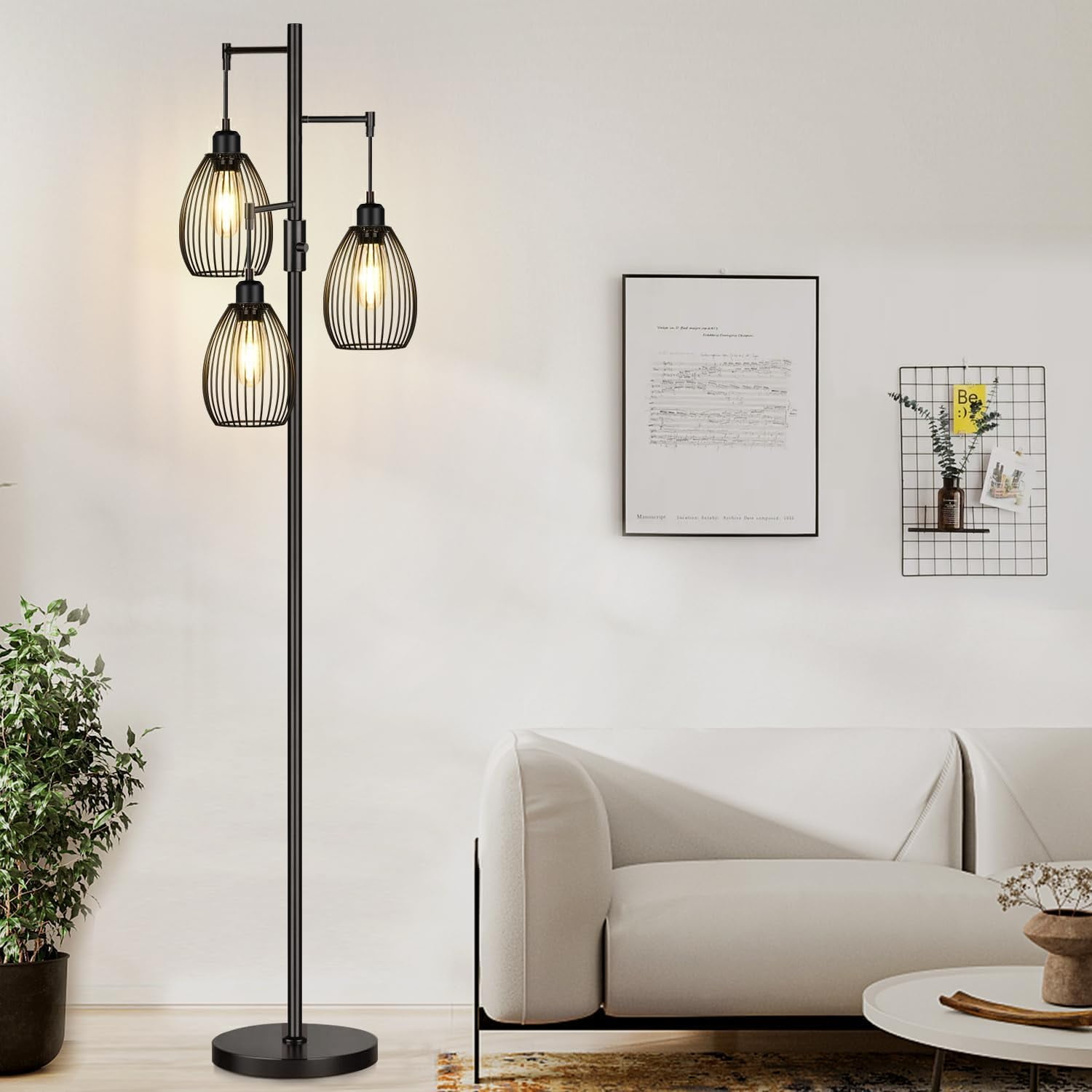 Generic Dimmable Industrial Floor Lamp, Farmhouse Tree Standing Light with 3 Teardrop Cages, Stepless Dimming (Black, 68 in) dg5ts