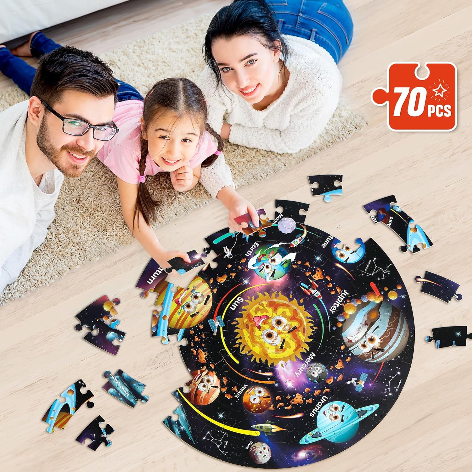 SYNARRY Solar System Floor Puzzle for Kids, Educational Wooden Jigsaw Set (Multicolor, 70-Piece) k6yaf