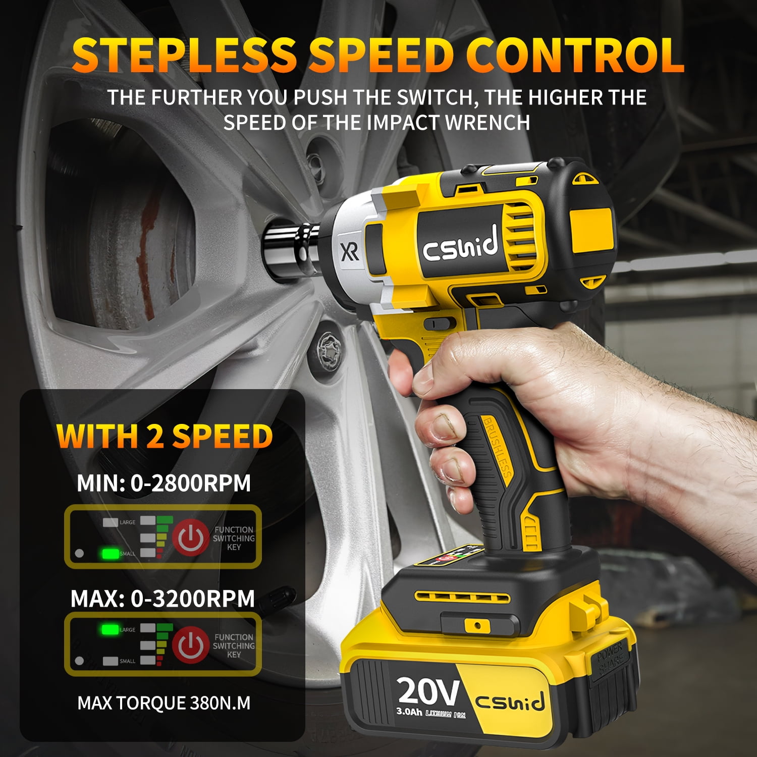 Cshidworld 20V Cordless Impact Wrench (1/2 in, 280 ft-lbs, 2 Batteries, 19-Piece Accessory Set, Yellow) trnh8