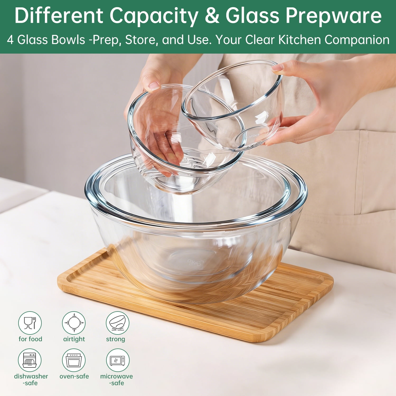 WEPSEN Glass Mixing Bowls Set with Airtight Lids, Nesting Prep Bowls for Kitchen Baking and Food Storage (Clear, 4-Pack) wxw8t