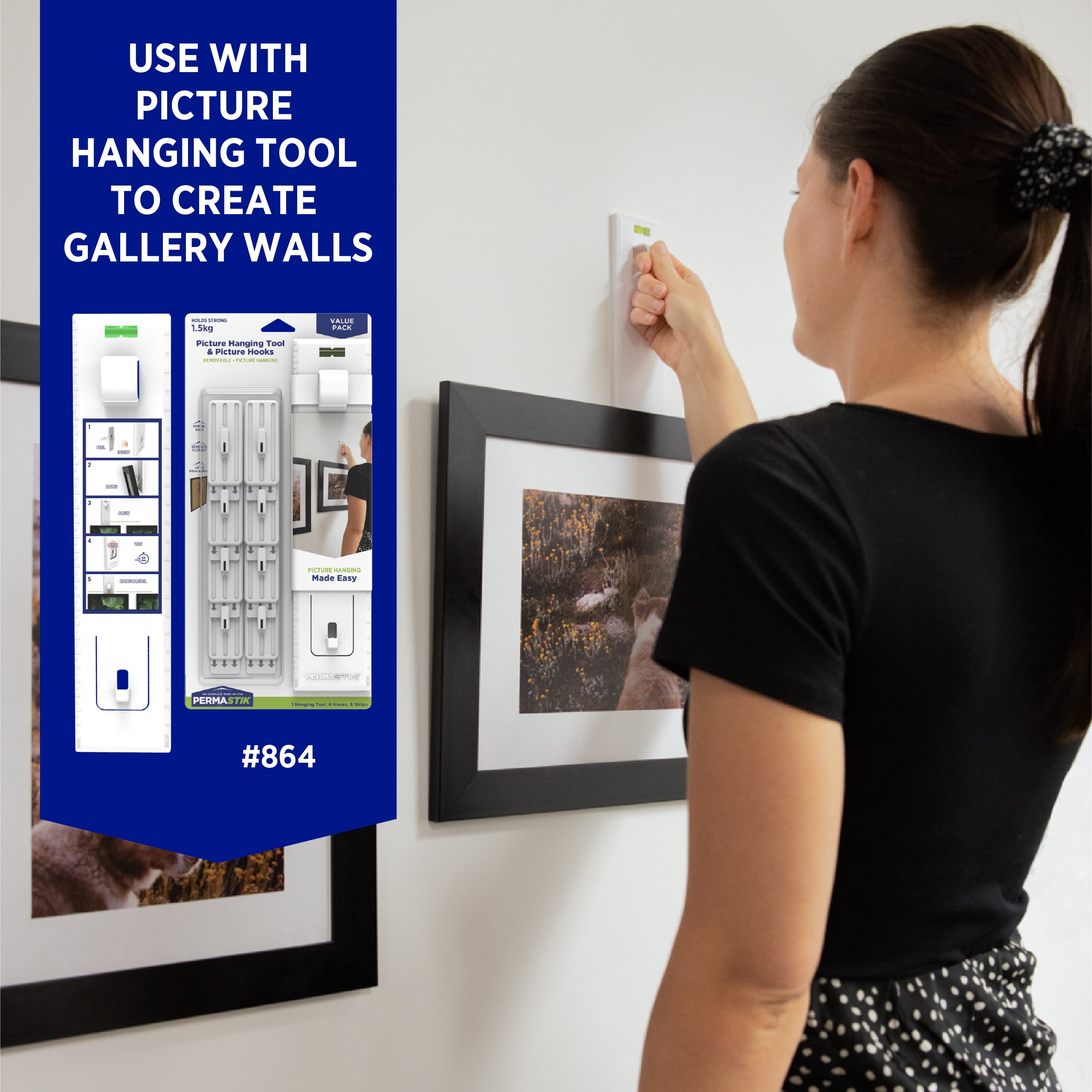 Permastik Small Adhesive Picture Hooks, Rental Safe Wall Hangers (White, 9 Pack) 9uy8p