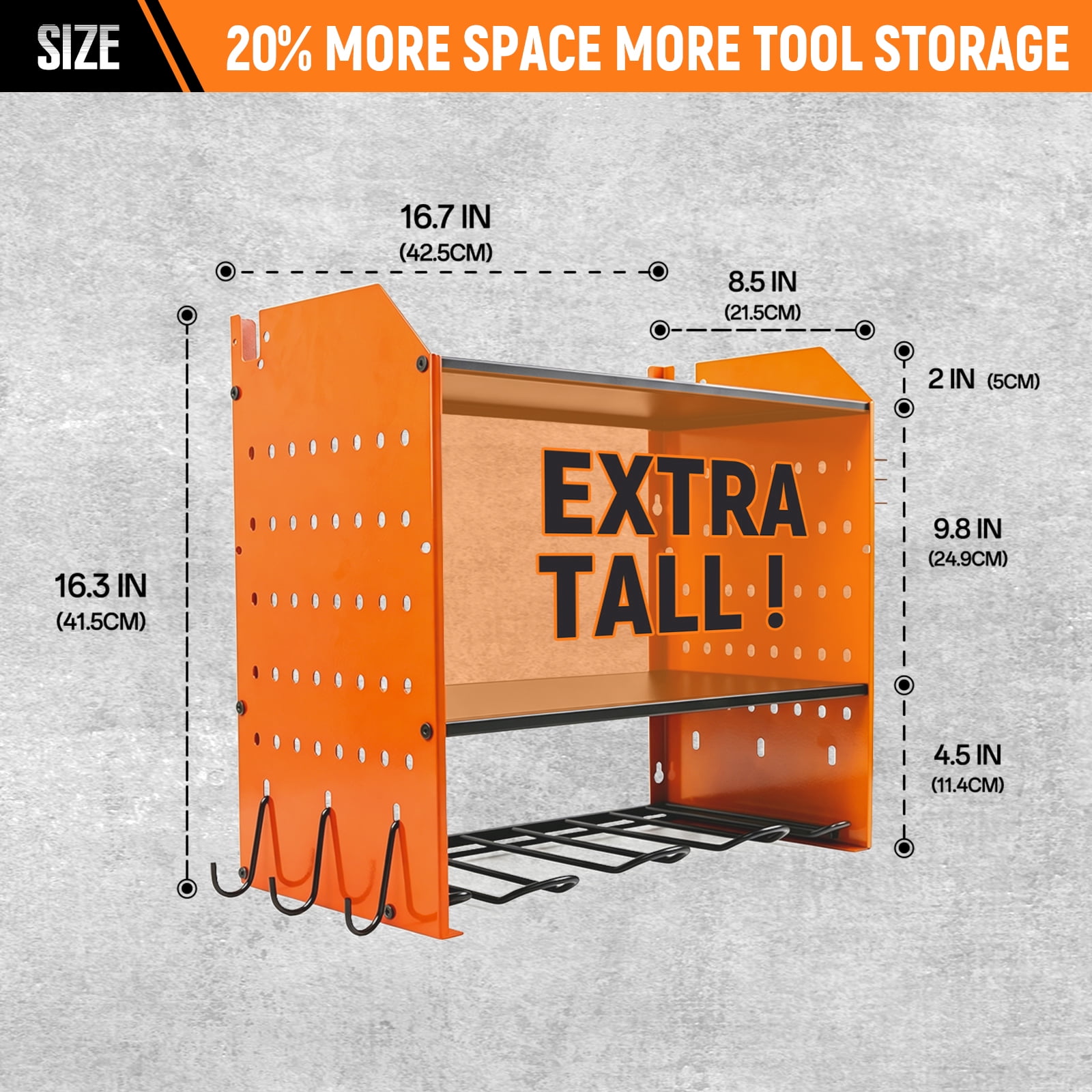 Loonpon Power Tool Organizer Wall Mount, 4-Layer Heavy Duty Drill Storage Shelf with Hooks (Orange, 16.4 in x 8.7 in x 18.9 in) ukydt