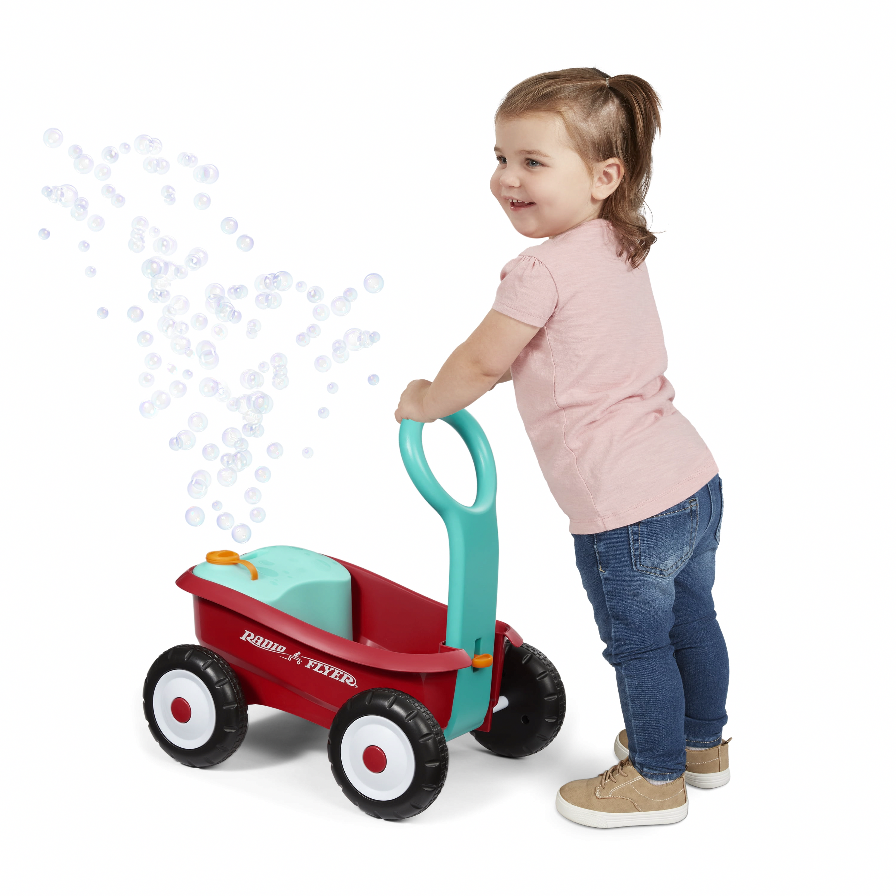 Radio Flyer Push & Pull Bubble Buddy Walker Wagon, Battery-Free Bubble Machine for Toddlers (Red, 4 fl oz) uc820