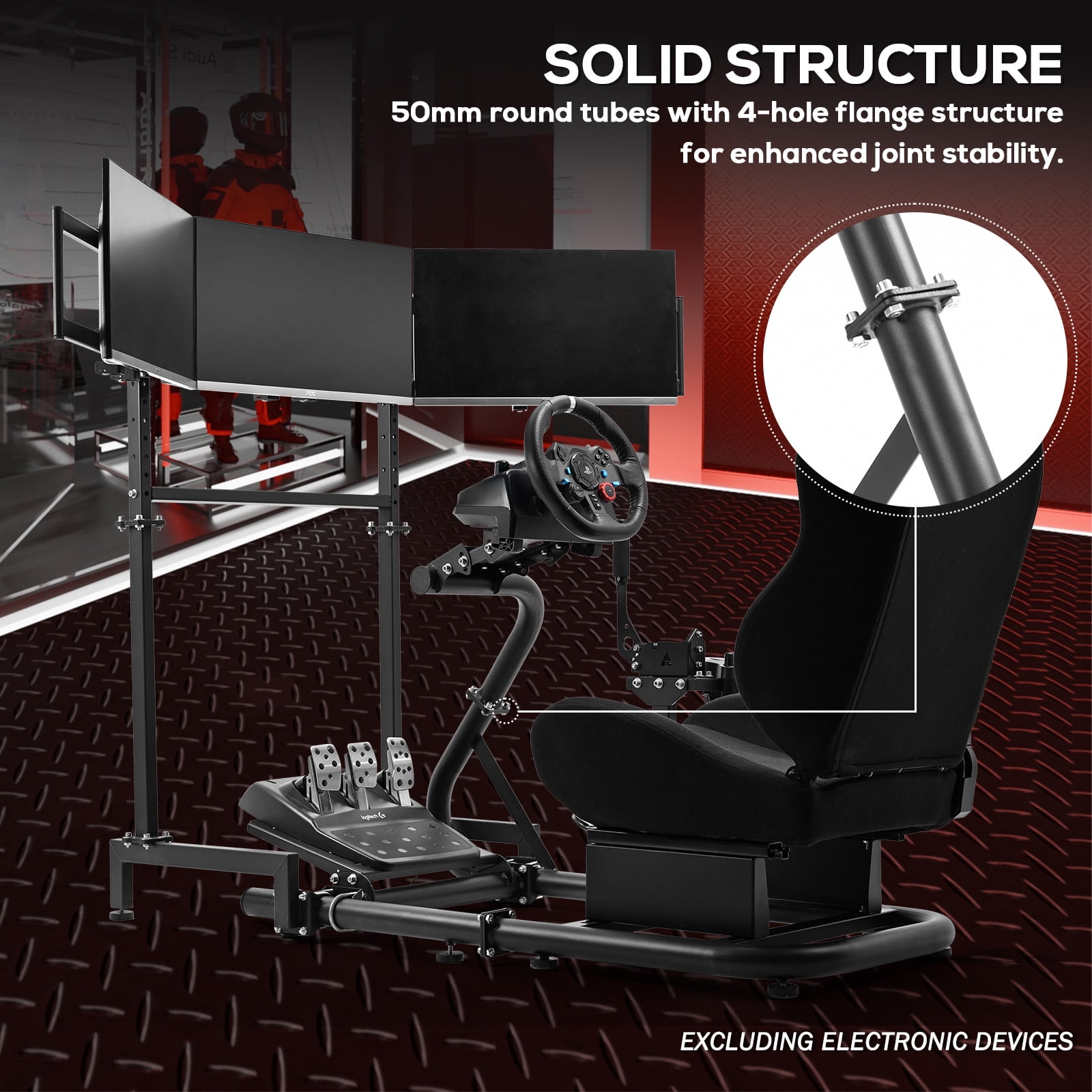 Supllueer Racing Simulator Cockpit with Triple Monitor Stand and Adjustable Seat (Black, 50 in x 24 in x 45 in) 5strn