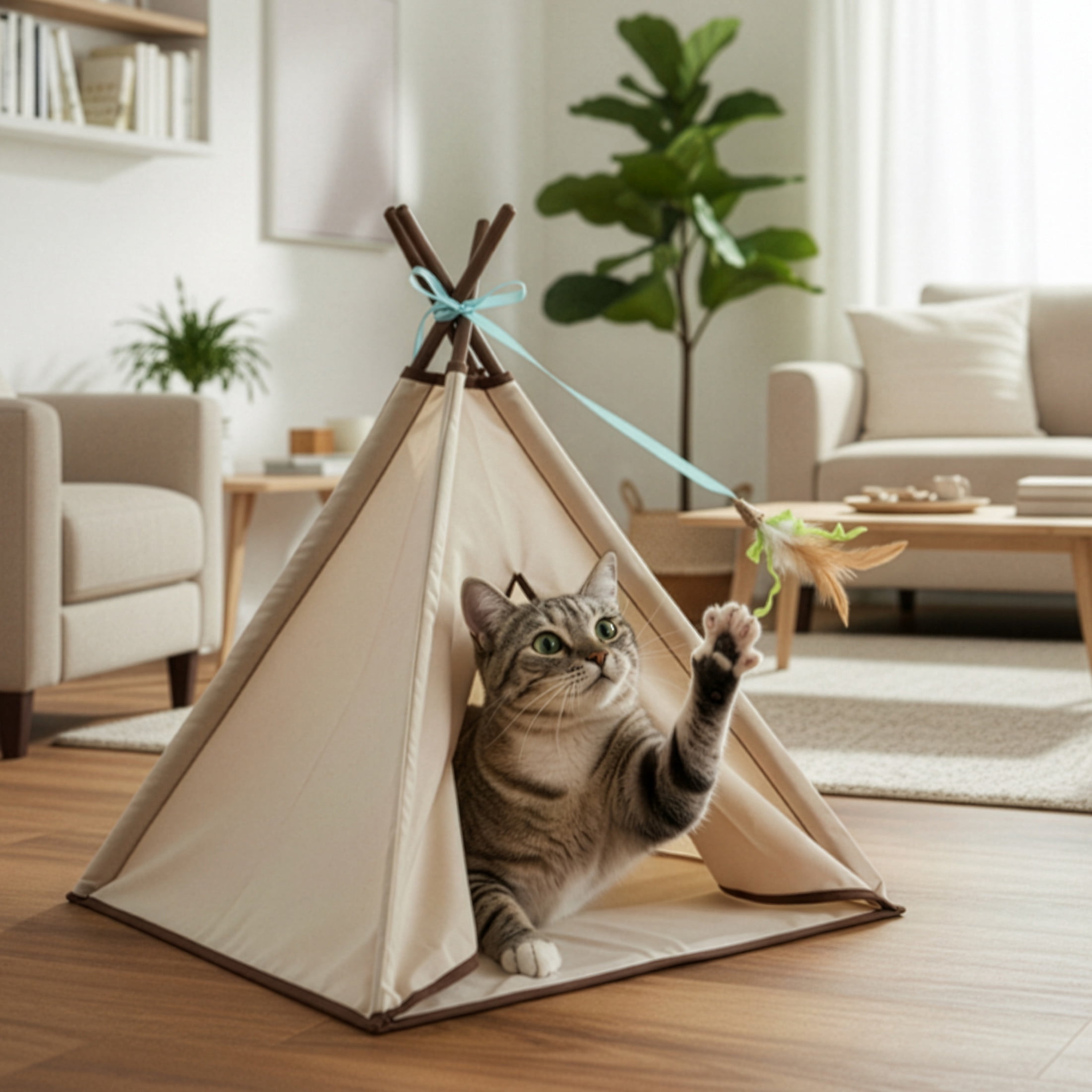 SmartyKat Kitty Camp Crinkle Cat Tent Hideaway with Detachable Dangling Feather Toy (Beige, 18 in x 18 in x 18 in) we4q5