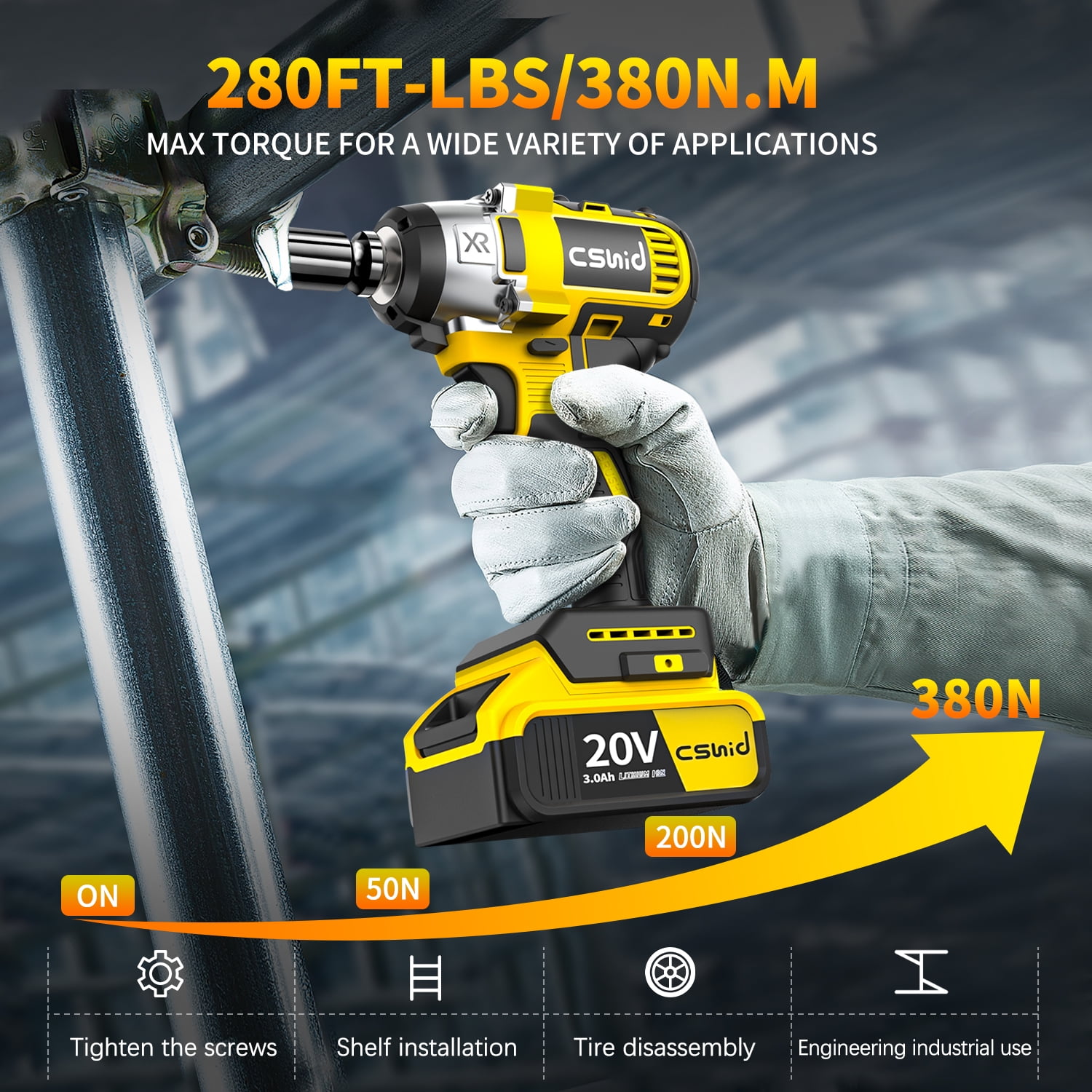 Cshidworld 20V Cordless Impact Wrench (1/2 in, 280 ft-lbs, 2 Batteries, 19-Piece Accessory Set, Yellow) trnh8