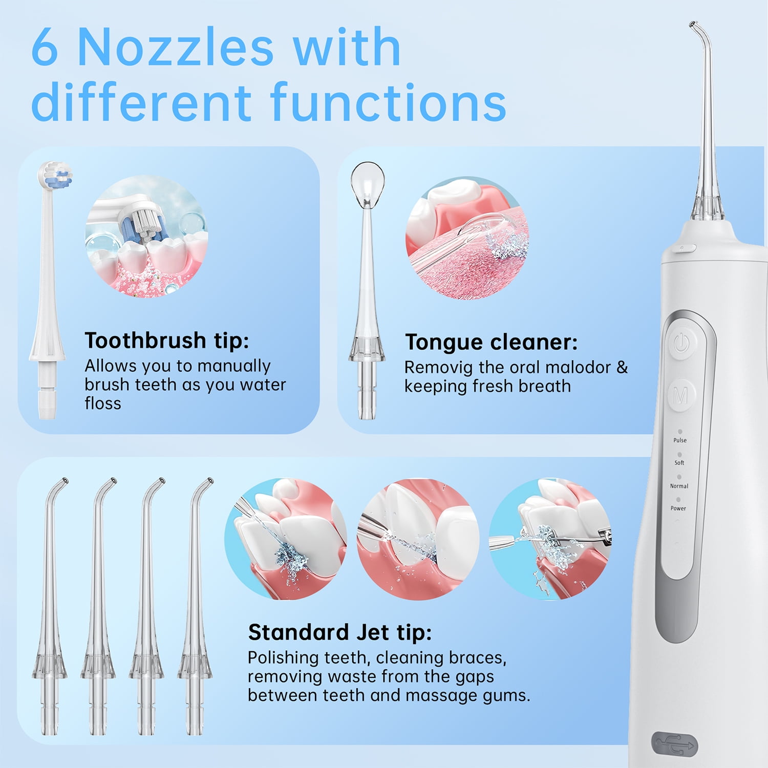 Cshidworld Portable Oral Irrigator, Professional Electric Water Flosser for Teeth Cleaning with 5 Modes and 8 Replacement Tips (White, 10.14 fl oz) 2vge3