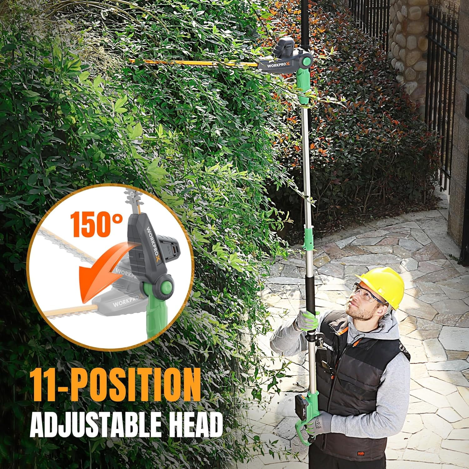 WORKPROX 20V Cordless Pole Hedge Trimmer, Telescoping Extension Pole with 11-Angle Adjustable Head (9.2 ft Reach, 2.0Ah Battery Included) tfzdb - Image 7