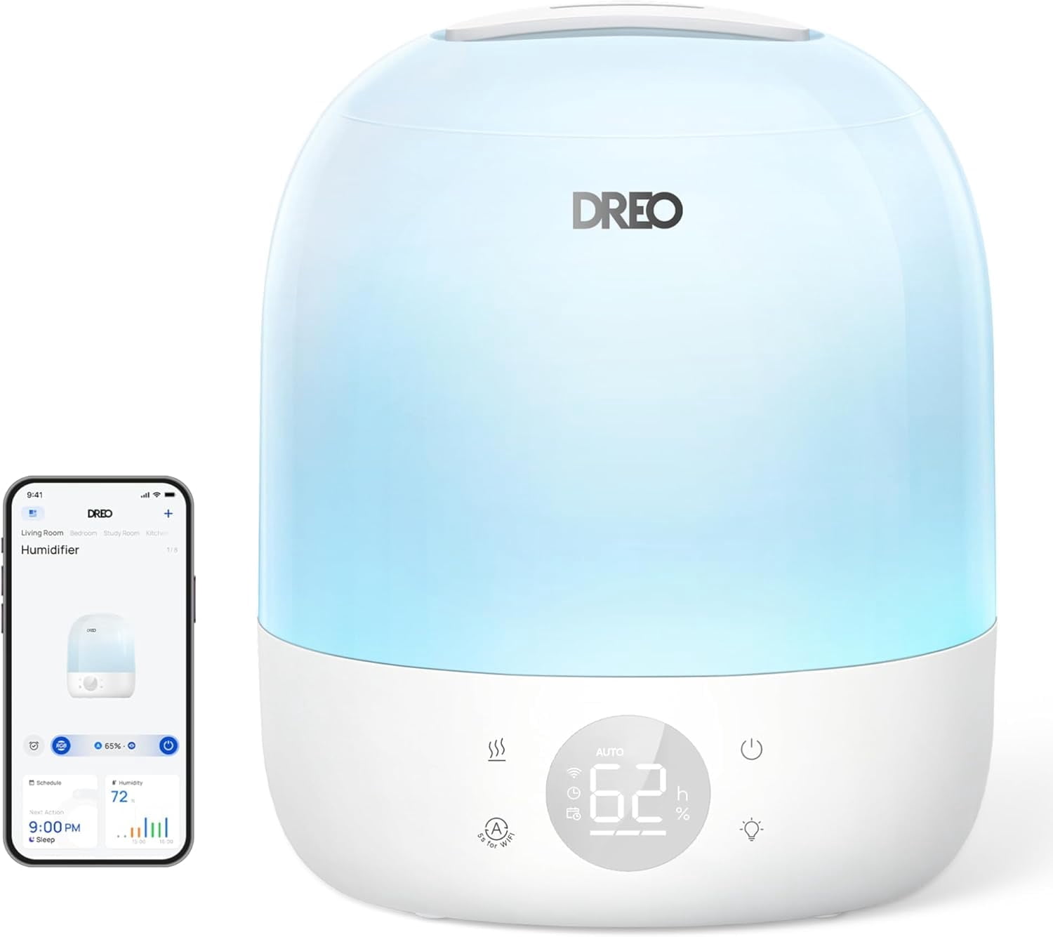 DREO Smart Cool Mist Humidifier for Bedroom and Nursery, Ultra Quiet Ultrasonic Air Humidifier with App Control and RGB Night Light (White, 0.79 gal) wb3av