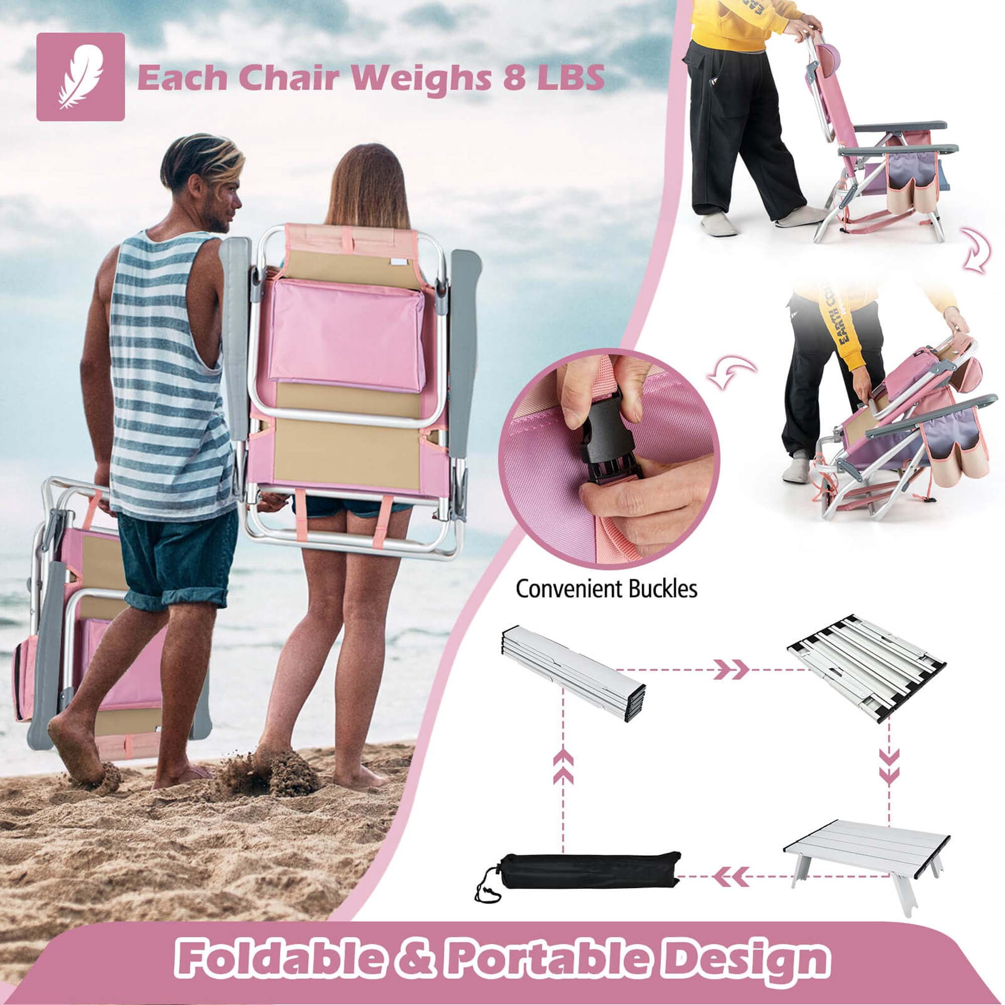 Costway 2-Pack Folding Backpack Beach Chair and Table Set with 5-Position Reclining (Pink) yajnw