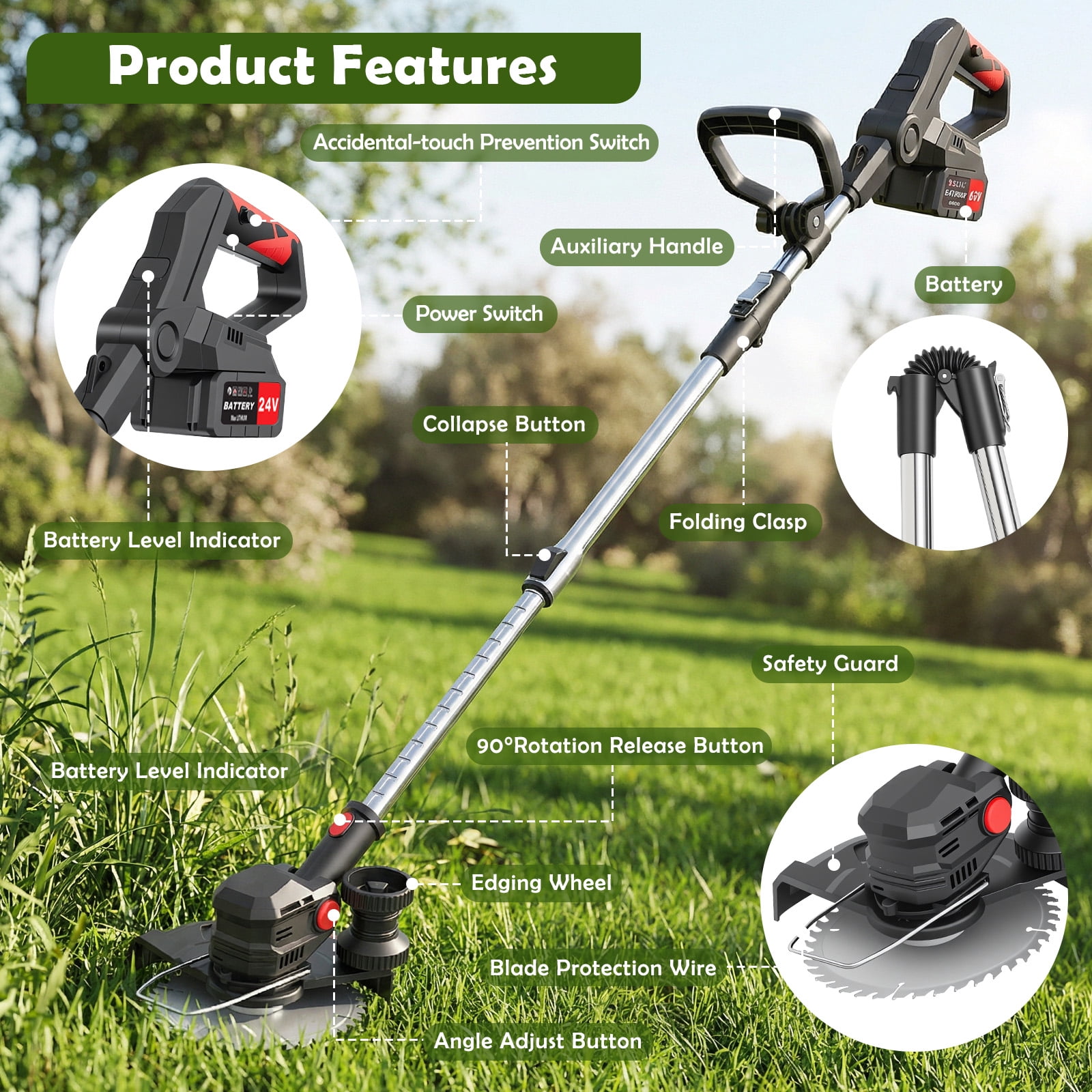 CATGOOD Electric Cordless Weed Eater, 24V Grass Trimmer with 2 Batteries and Charger (8 in Cutting Width) 6bmcb