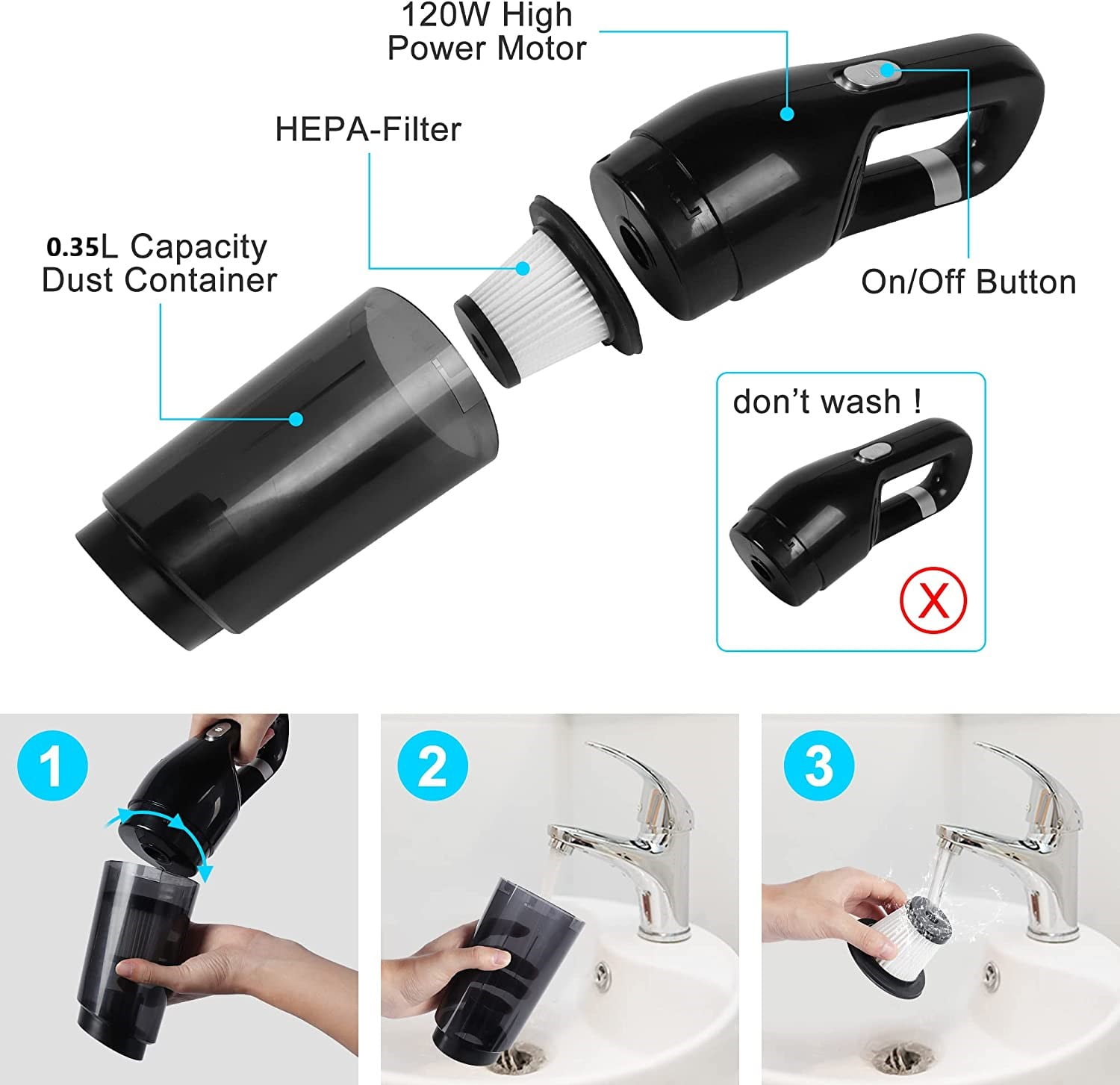 COWIN Portable Cordless Handheld Car Vacuum Cleaner (Black, 13.27 in) kjjbe