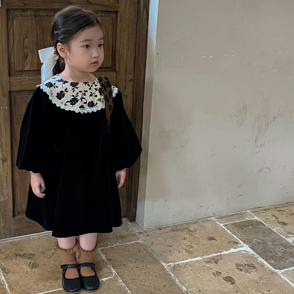 Godderr Girls Velvet Princess Dress Long Sleeve Lace Crewneck Party Dress (Black, 9 Months to 5 Years) 3gmqg