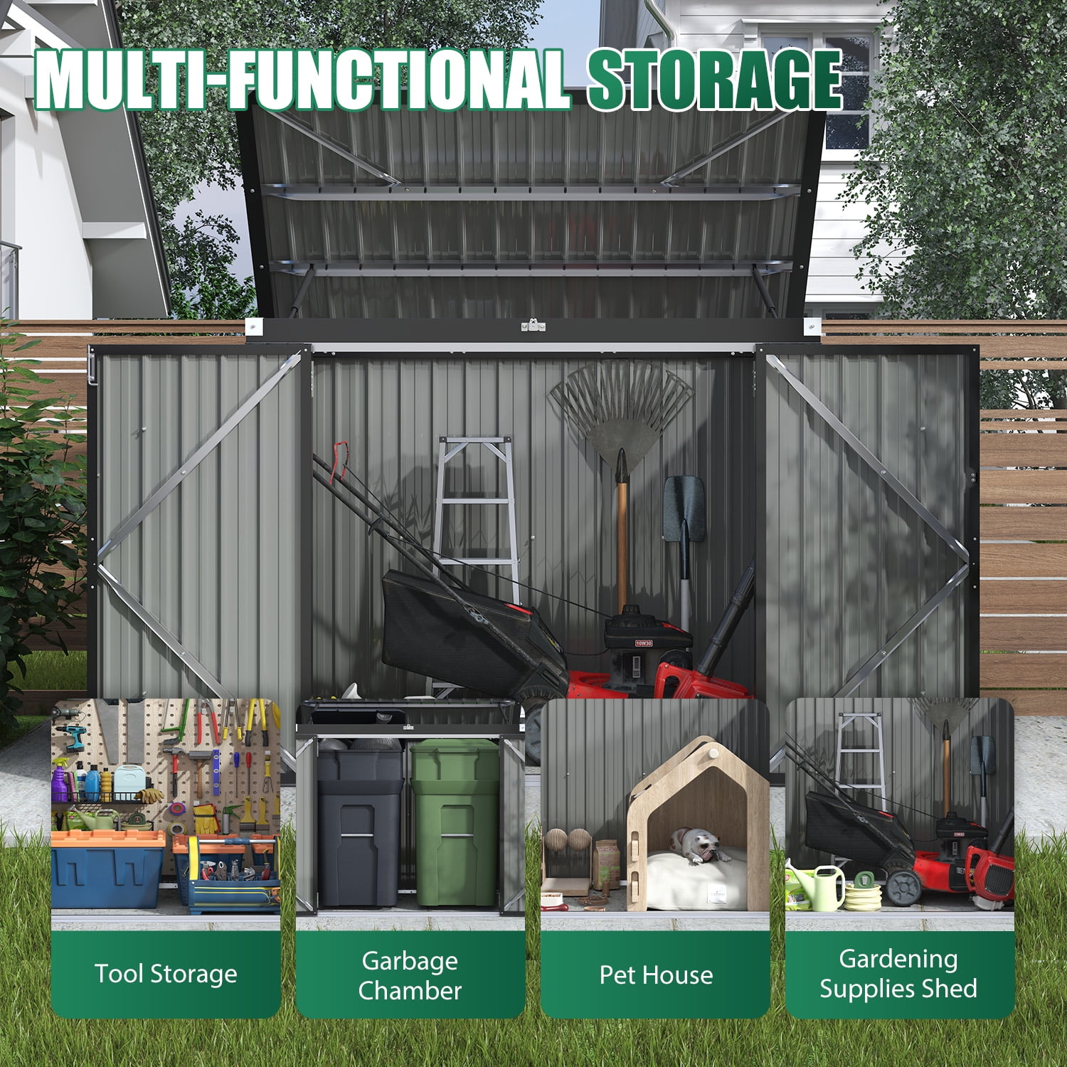 CLOUDDWELL Outdoor Metal Trash Storage Shed, Weather-Resistant Garbage Bin Enclosure with Lockable Doors (Black, 3 ft x 5 ft) 273uf