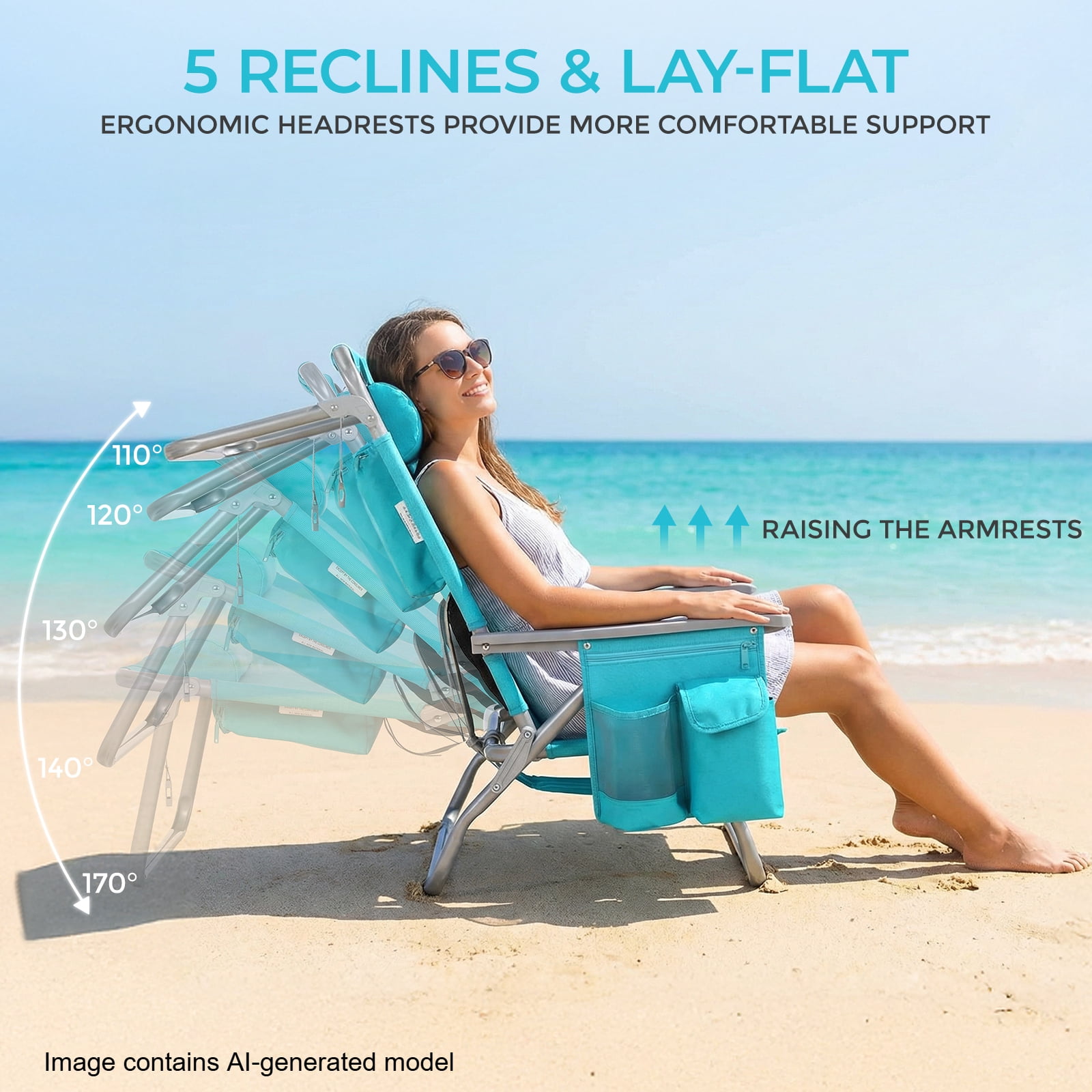 Pirecart Foldable Backpack Beach Chair with 5-Position Recline, Cooler Pouch, and Headrest (Sky Blue, 25 in Wide) 0mr13