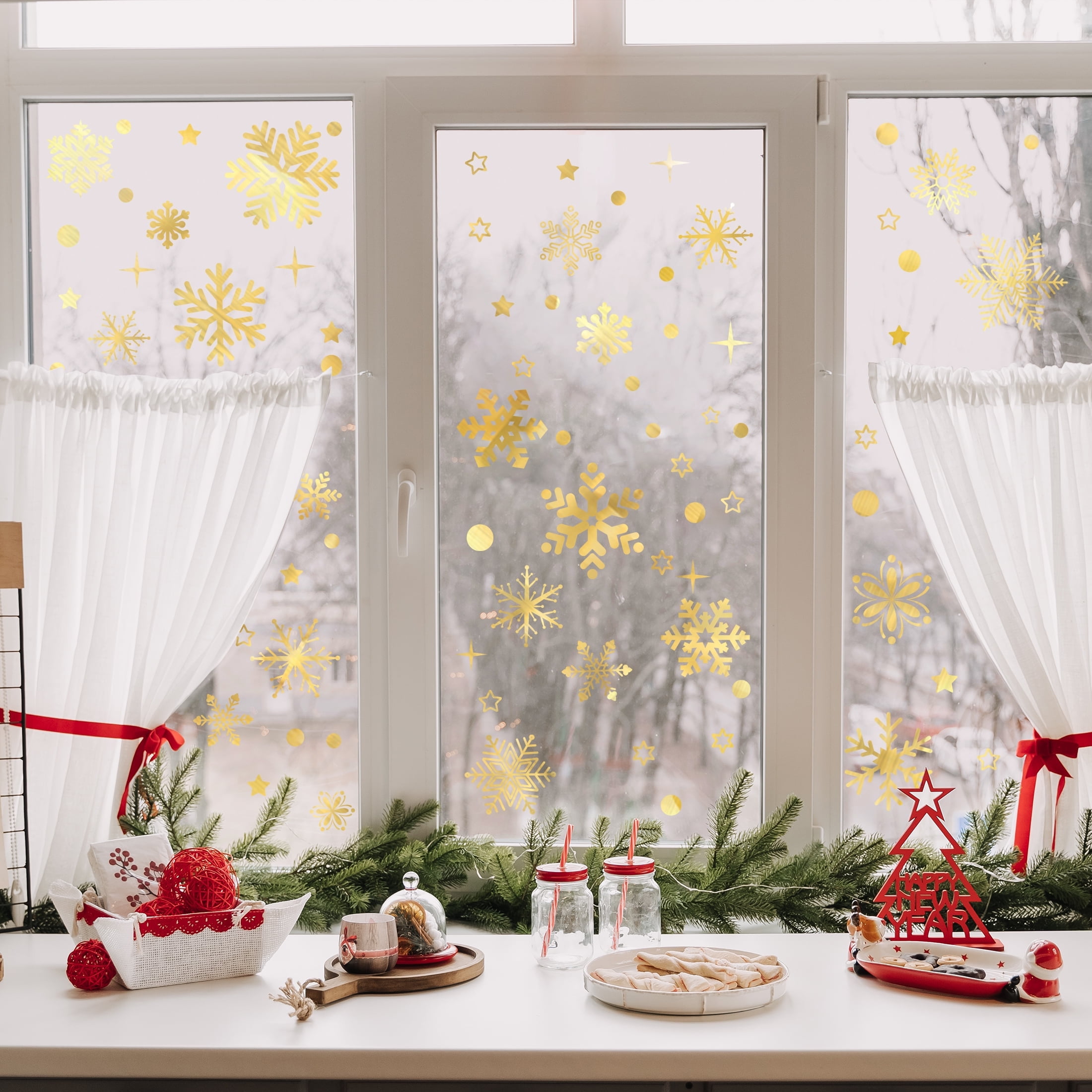DKTIE 192pcs Christmas Window Snowflake Stickers Set (Gold, 8 Sheets) 0l7e5