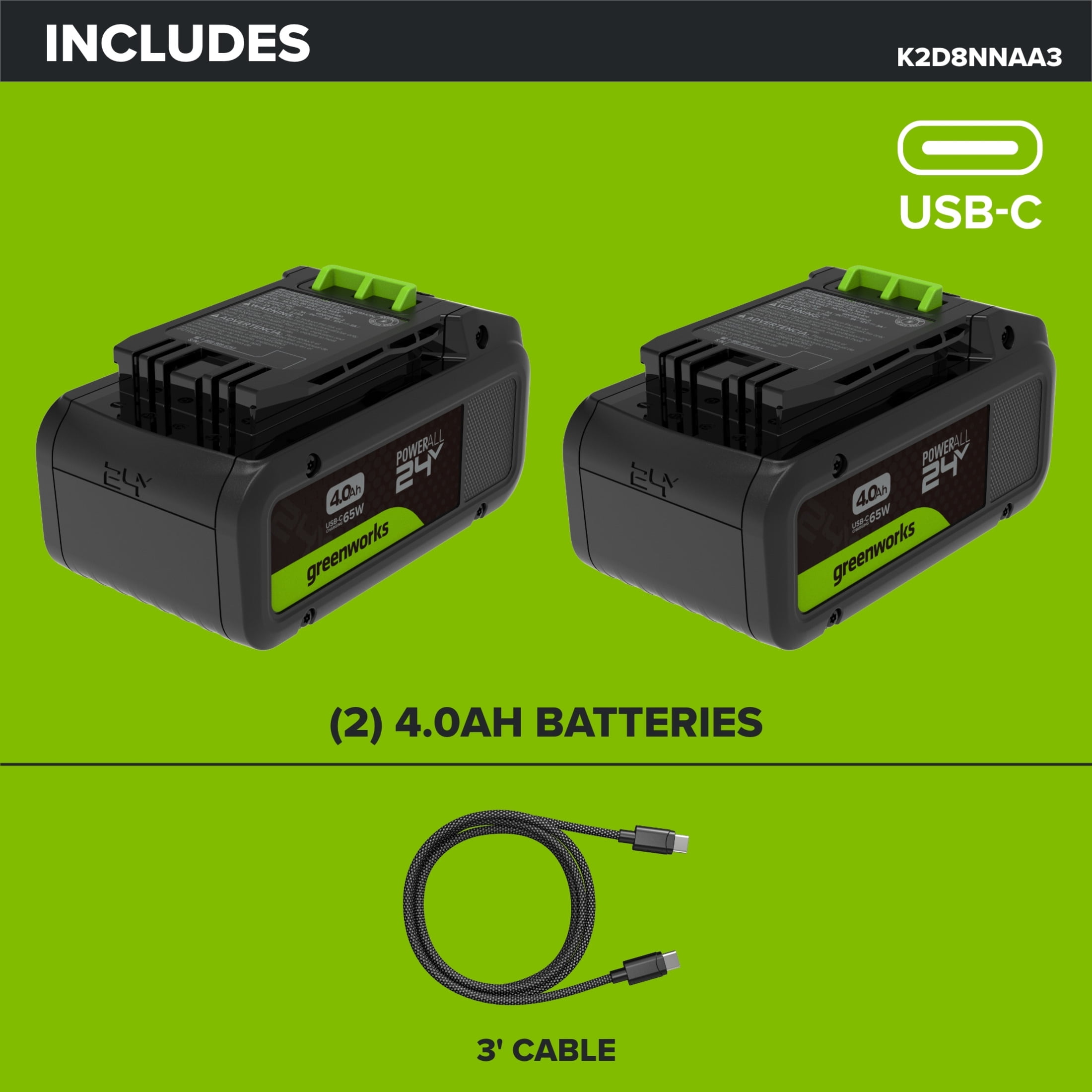 Greenworks PowerAll 24V Lithium-Ion Battery (2-Pack, 4.0Ah, with Charging Cable) 9u5ms