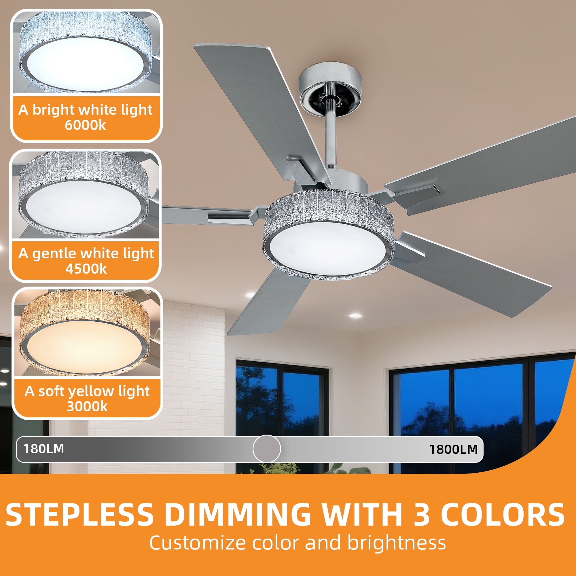 Craftian 52 Inch Smart Chandelier Ceiling Fan with LED Lights, App & Voice Control, Quiet DC Motor (Silver, 52 in) 6oo40