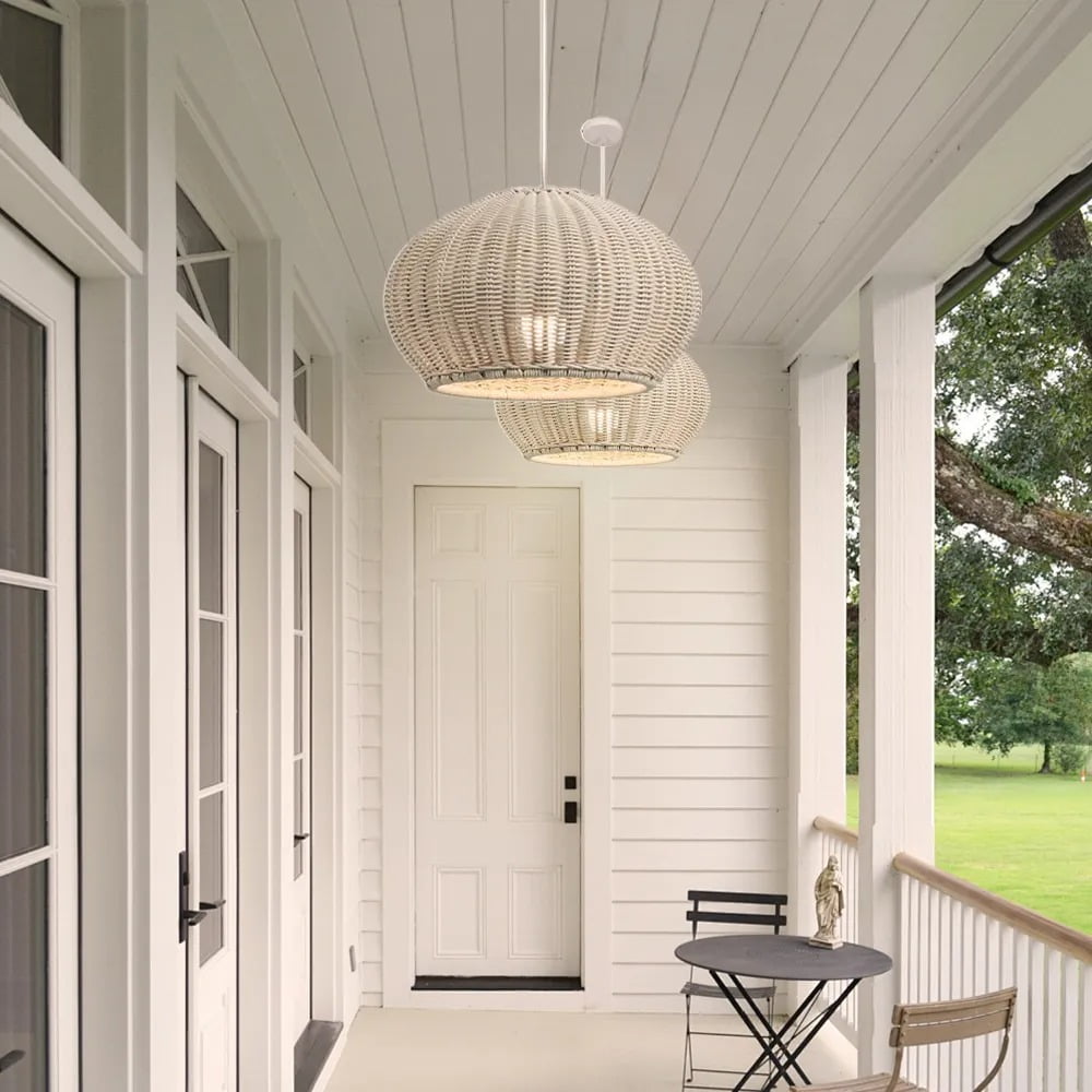 LittleGlovo Hand-woven Rattan Chandelier Waterproof Outdoor Hanging Light (Natural, 12 in) e5toj