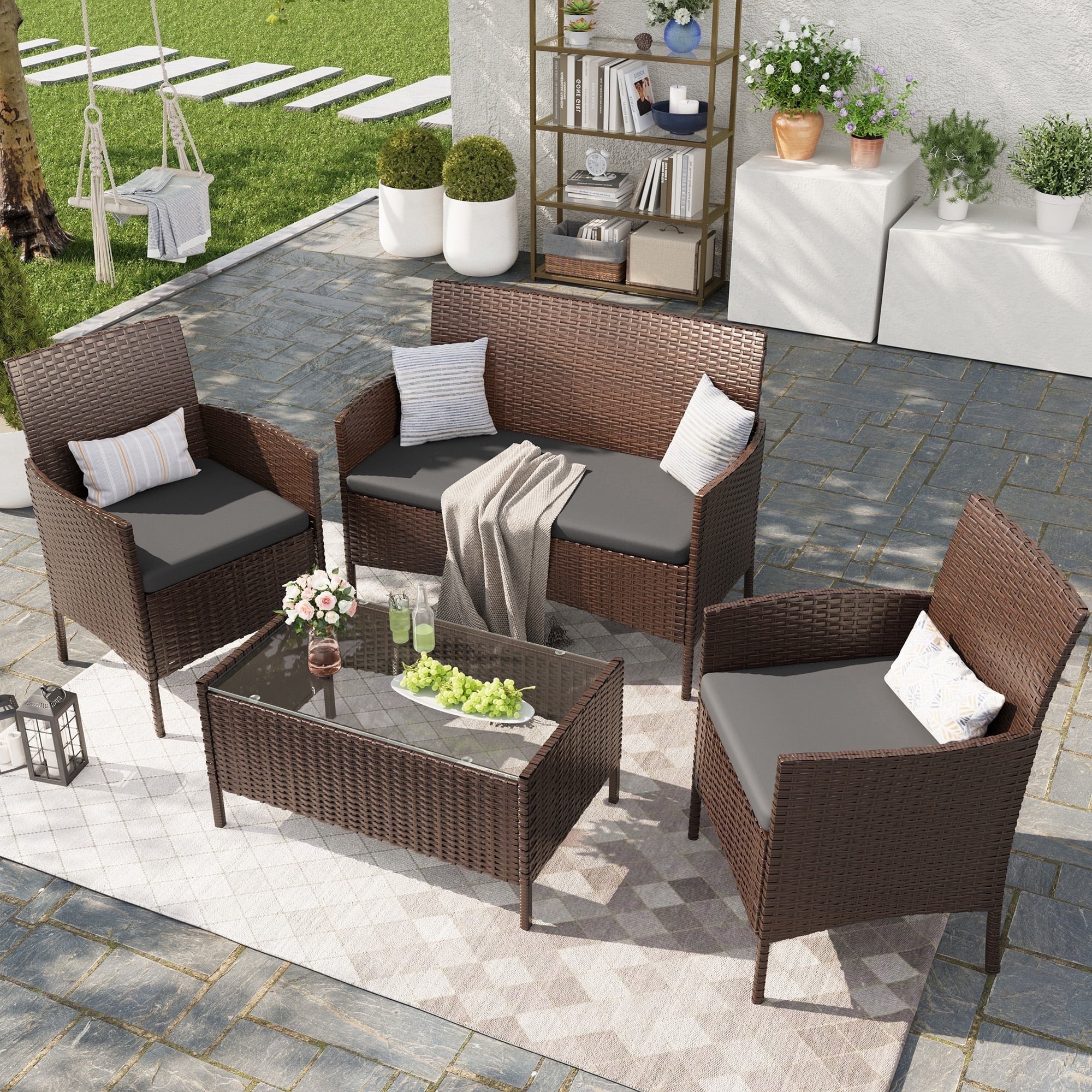 MRUAKA 4-Piece Outdoor Wicker Patio Furniture Set with Cushions and Coffee Table (Grey, 4-Piece Set) d54ge