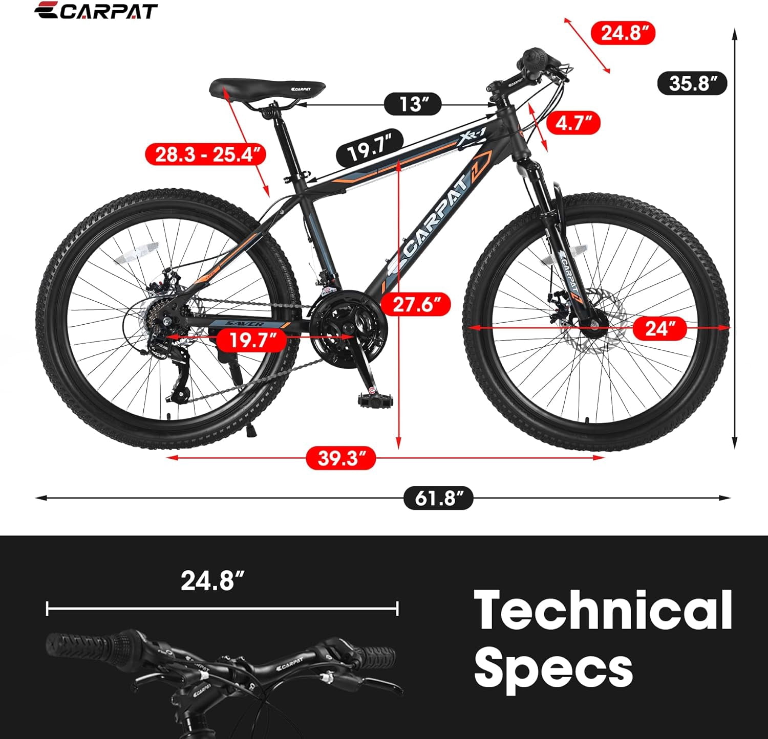 SUWU Mountain Bike 21-Speed High Carbon Steel MTB with Dual Disc Brakes and Suspension Fork (Orange, 26 in) blk3e
