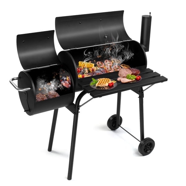 Bitiwend Charcoal Grill with Offset Smoker, Outdoor BBQ Grill with Side Table and Temperature Gauge (Black) zn2hj