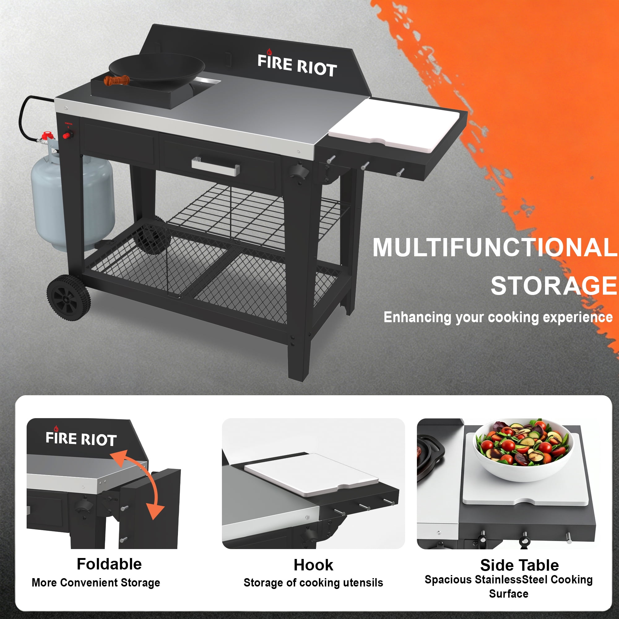 FIRE RIOT Outdoor Wok Burner and Propane Fryer Station with 12.6 in Carbon Steel Wok (Black, 50000 BTU) 8f1he