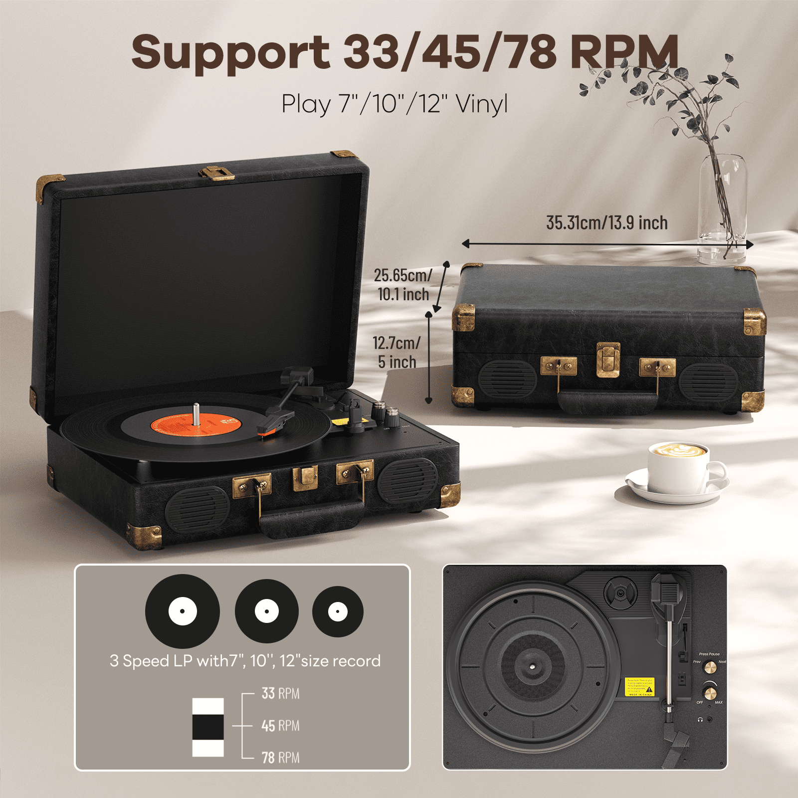 MAIO C260 Vintage Vinyl Record Player, 3-Speed Belt-Driven Turntable with Built-in Stereo Speakers (Black) 00rq2