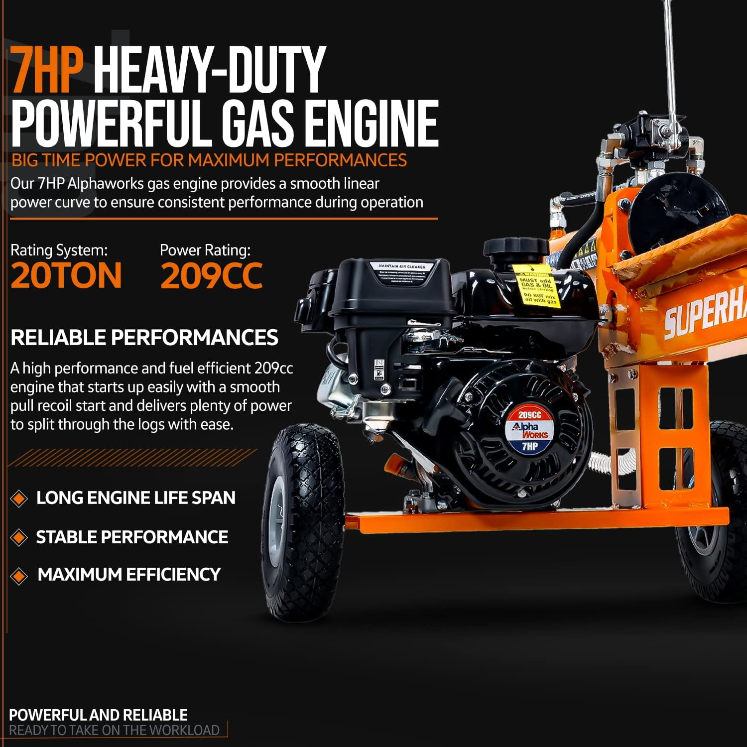 SuperHandy Gas Log Splitter (20 Ton, 7HP 212CC Engine, 16 in Diameter Capacity) m9sbe