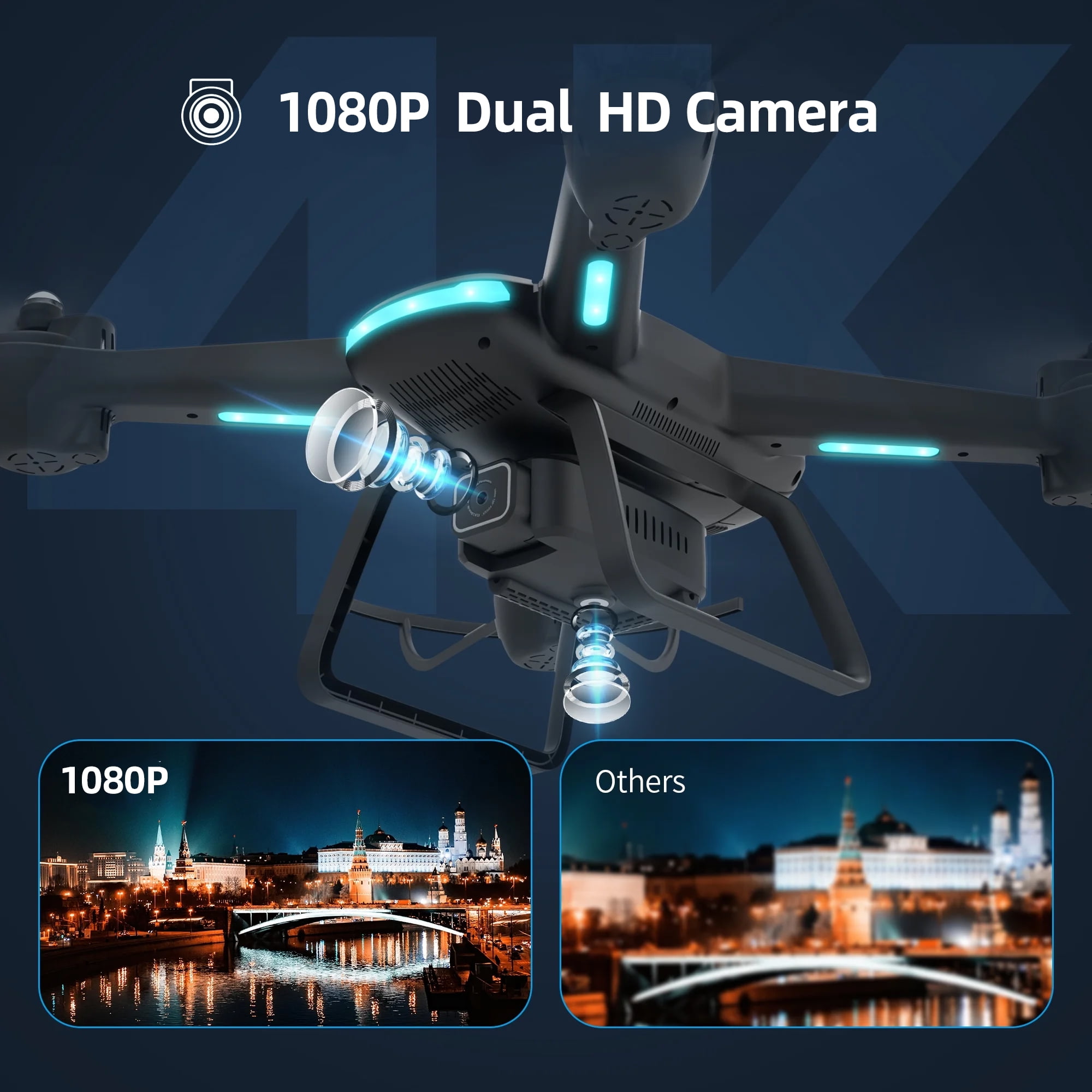 WEFONE JY03 Drone with 1080P HD Camera, FPV RC Quadcopter with Optical Flow Sensor and LED Lights (Black, 2 Batteries) rrupb