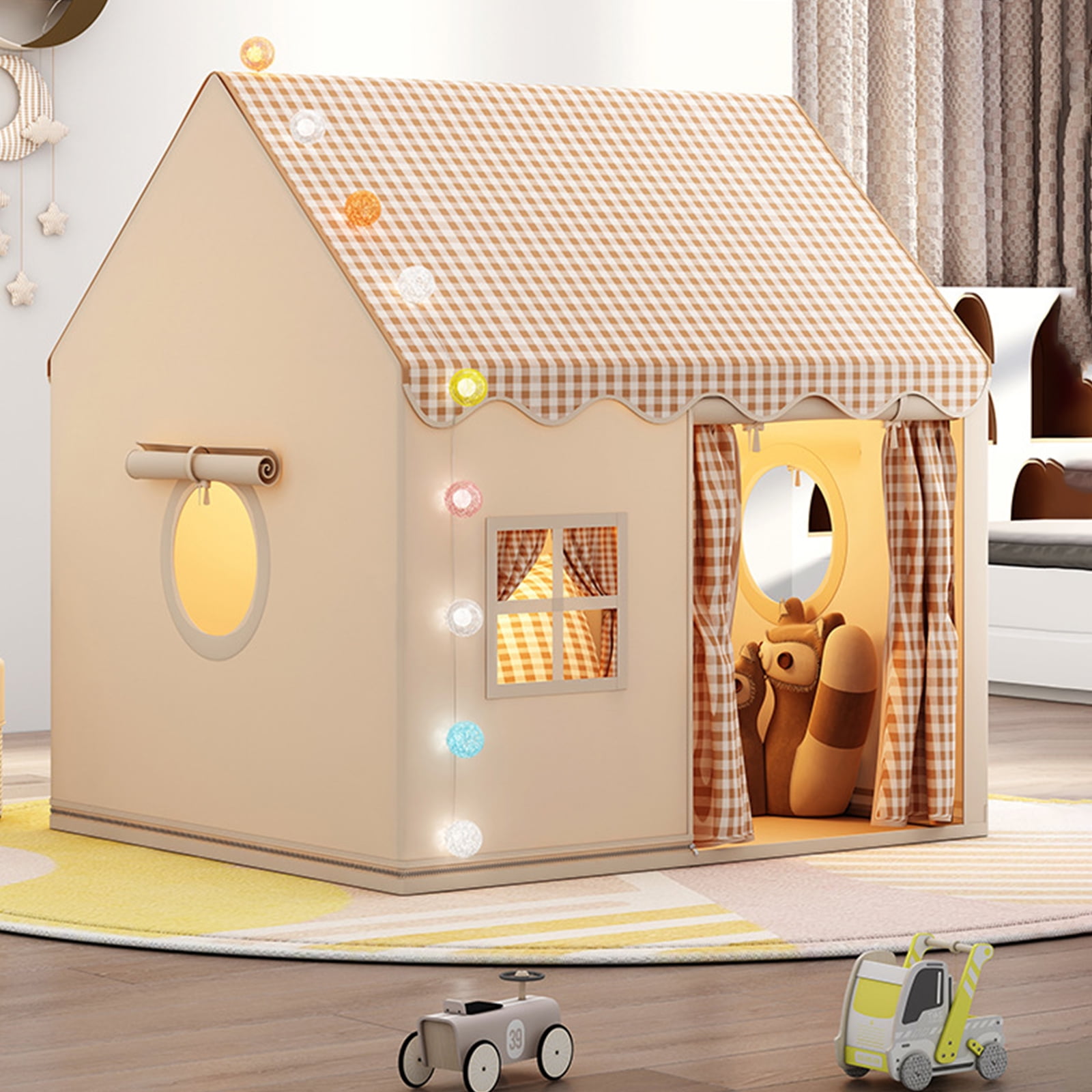 Cuopluber Kids Play Tent Indoor and Outdoor Playhouse with Lights (Brown, 50 in x 47 in x 41 in) dhkqp