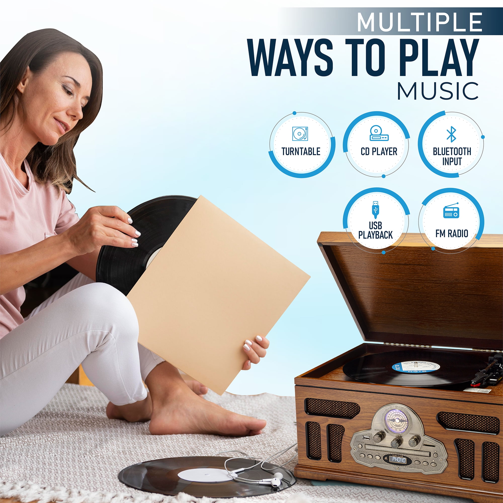 SoundBeast All-in-One Vintage Turntable with Bluetooth, CD, Cassette, and AM/FM Radio (Brown, 17 in x 13 in x 9.3 in) lersp