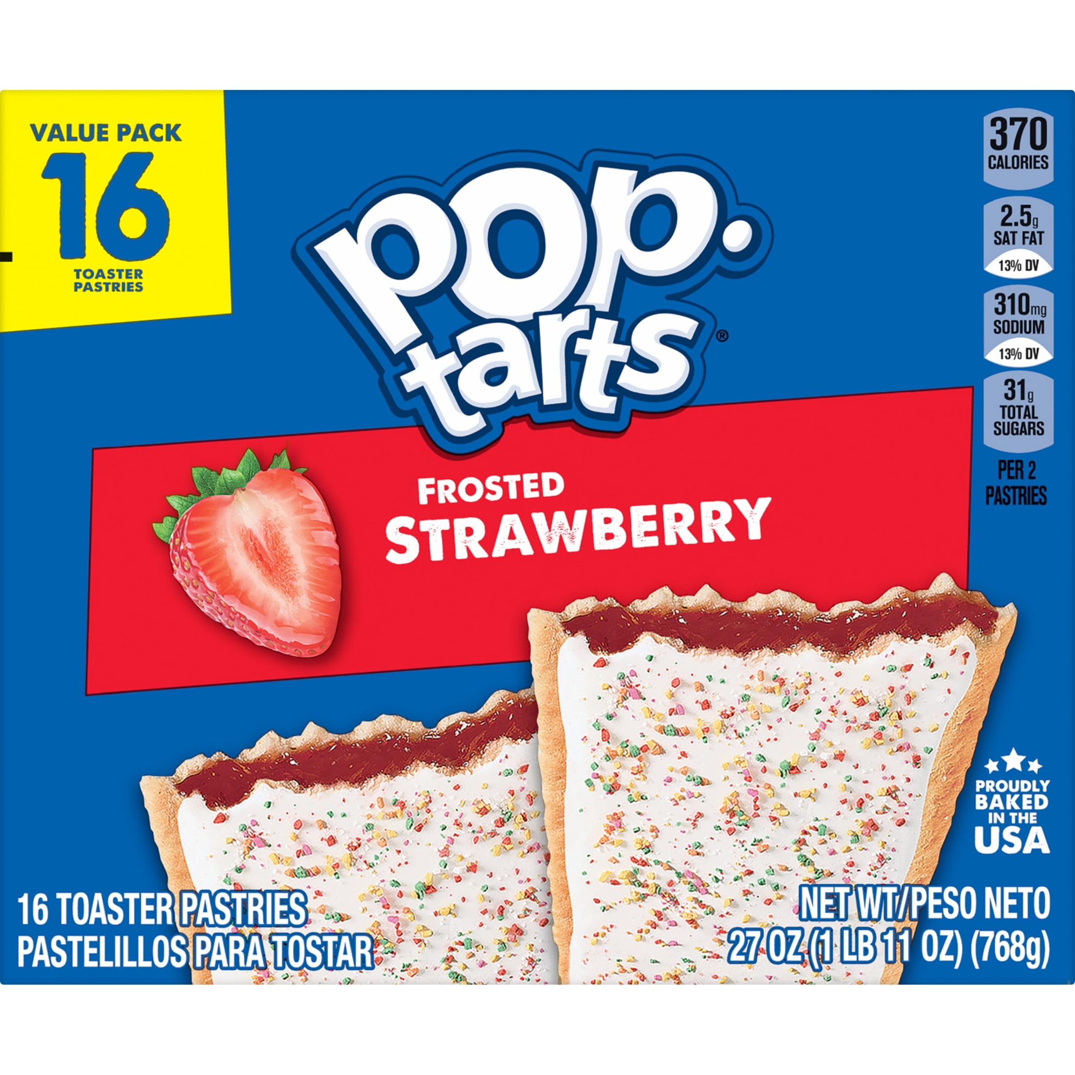 Pop-Tarts Frosted Strawberry Toaster Pastries, Breakfast Snack, Sweet Fruit Filling (27 oz, 16 Count) ev641