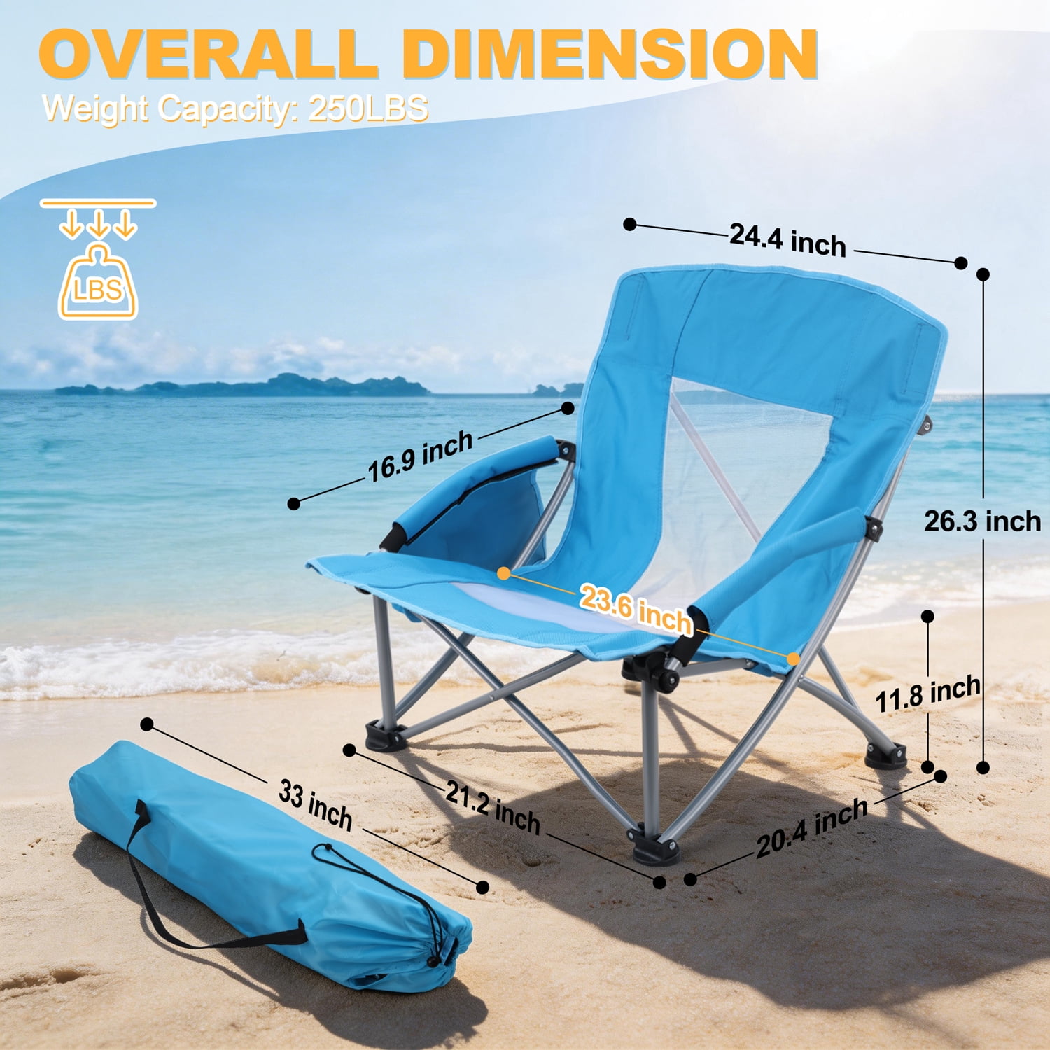 Walchoice Folding Beach Chairs with Cup Holder and Carry Bag, Low Back Support, Heavy-Duty Portable Outdoor Seating (Blue, 2 Pack) dzkr7