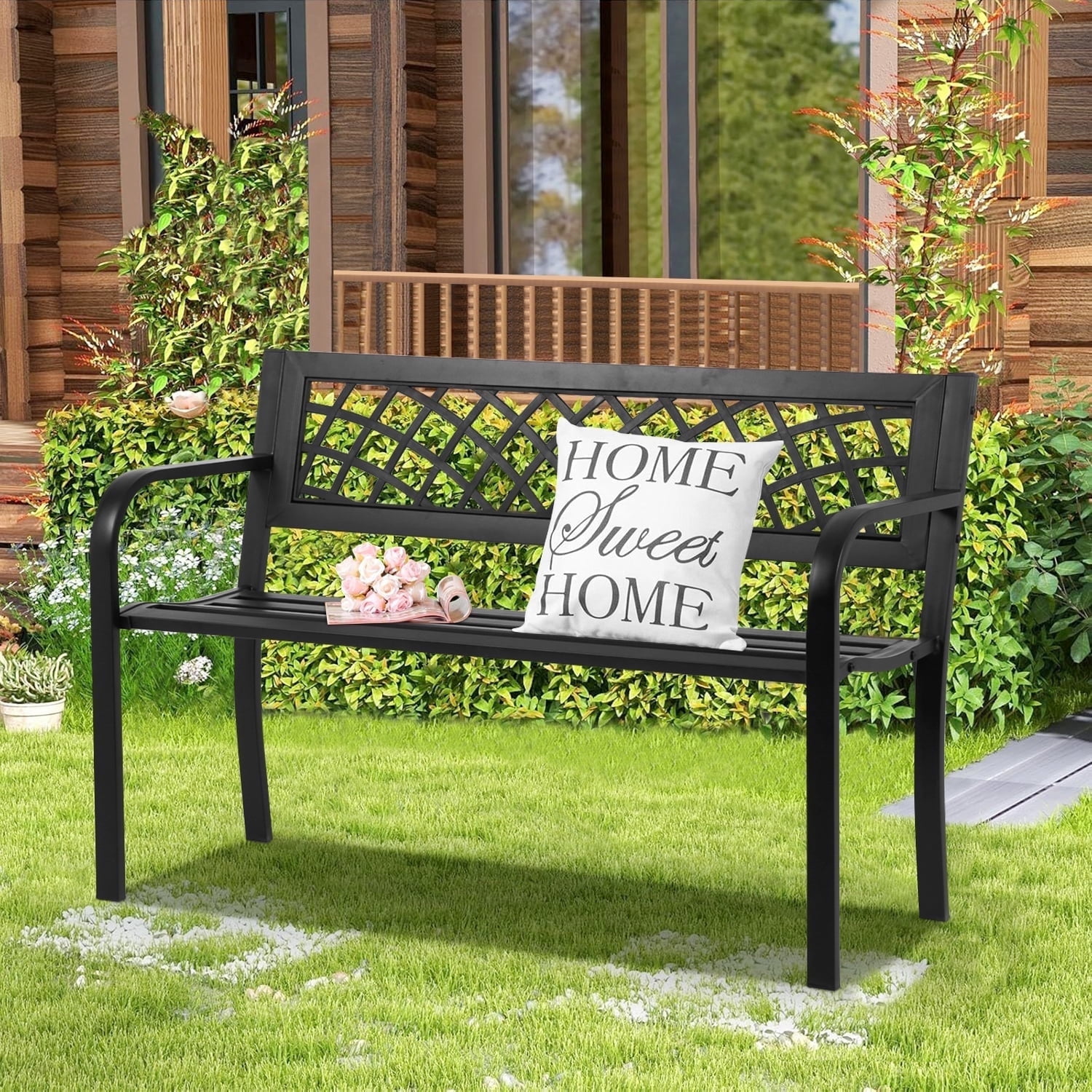 NiamVelo Outdoor Metal Garden Bench, Rust-Resistant Steel Patio Park Chair with Mesh Pattern (Black, 45.5 in x 21.7 in x 30 in) e06dq