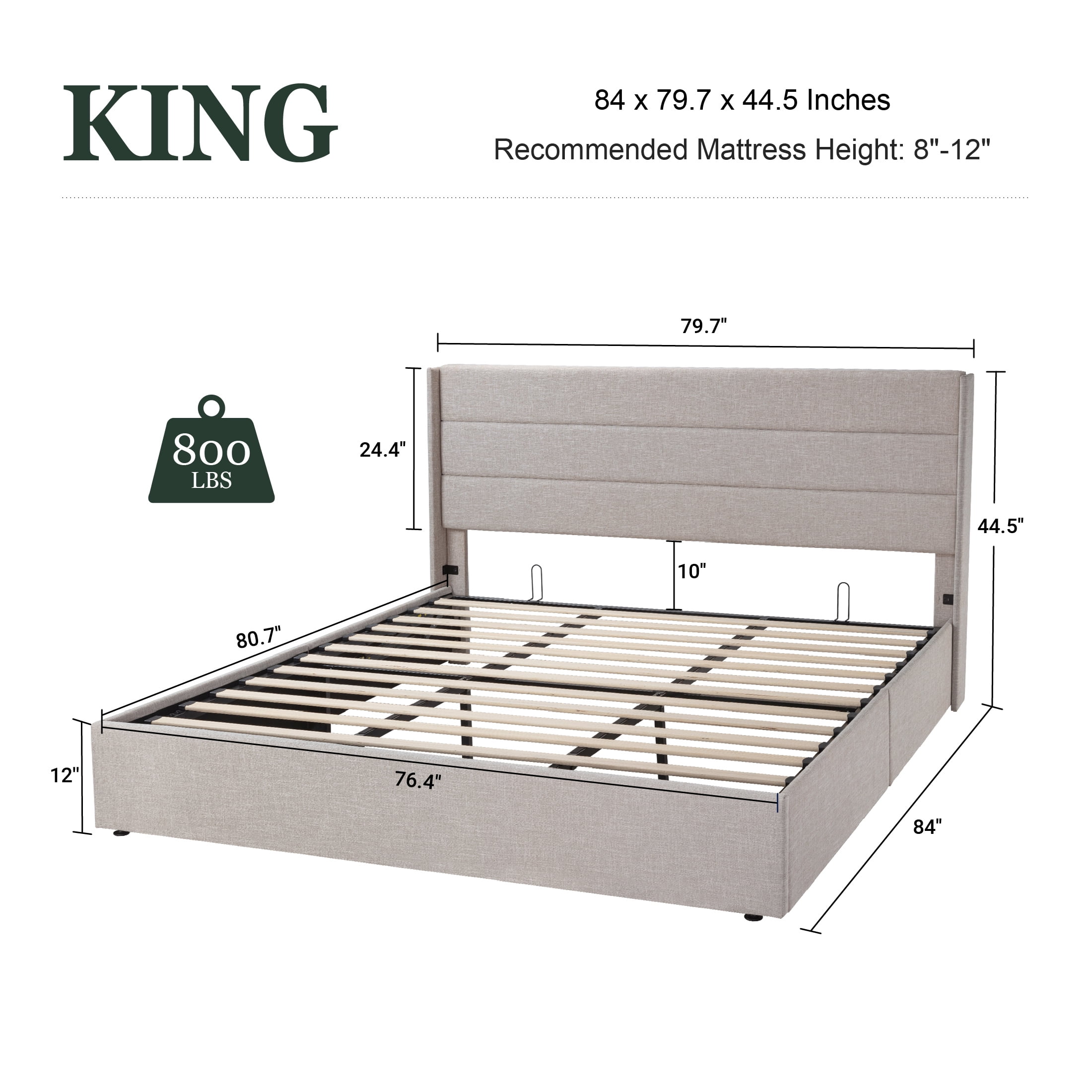 Amolife King Size Bed Frame, Hydraulic Lift Storage Platform Bed with Upholstered Wingback Headboard (Beige, King) neyet
