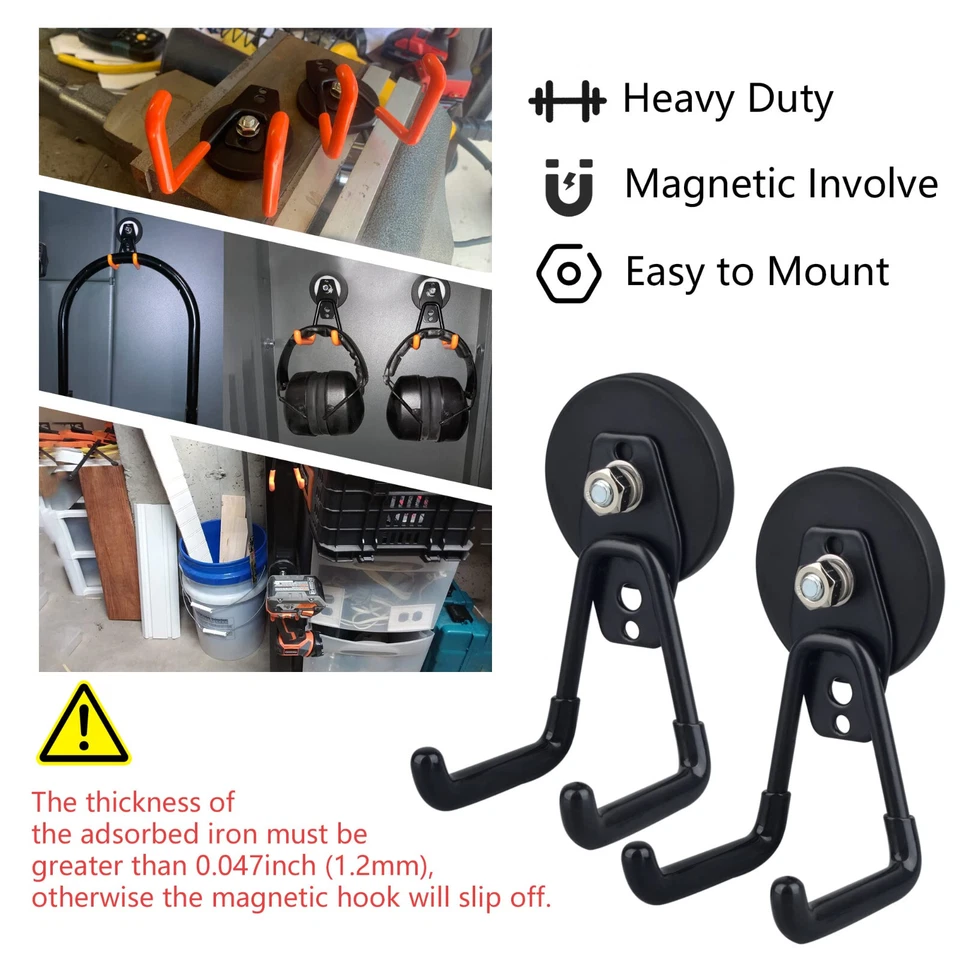 Knack Magnetic Hooks Heavy-Duty Garage Utility Hanger (Black, 2 Pack) w87n7