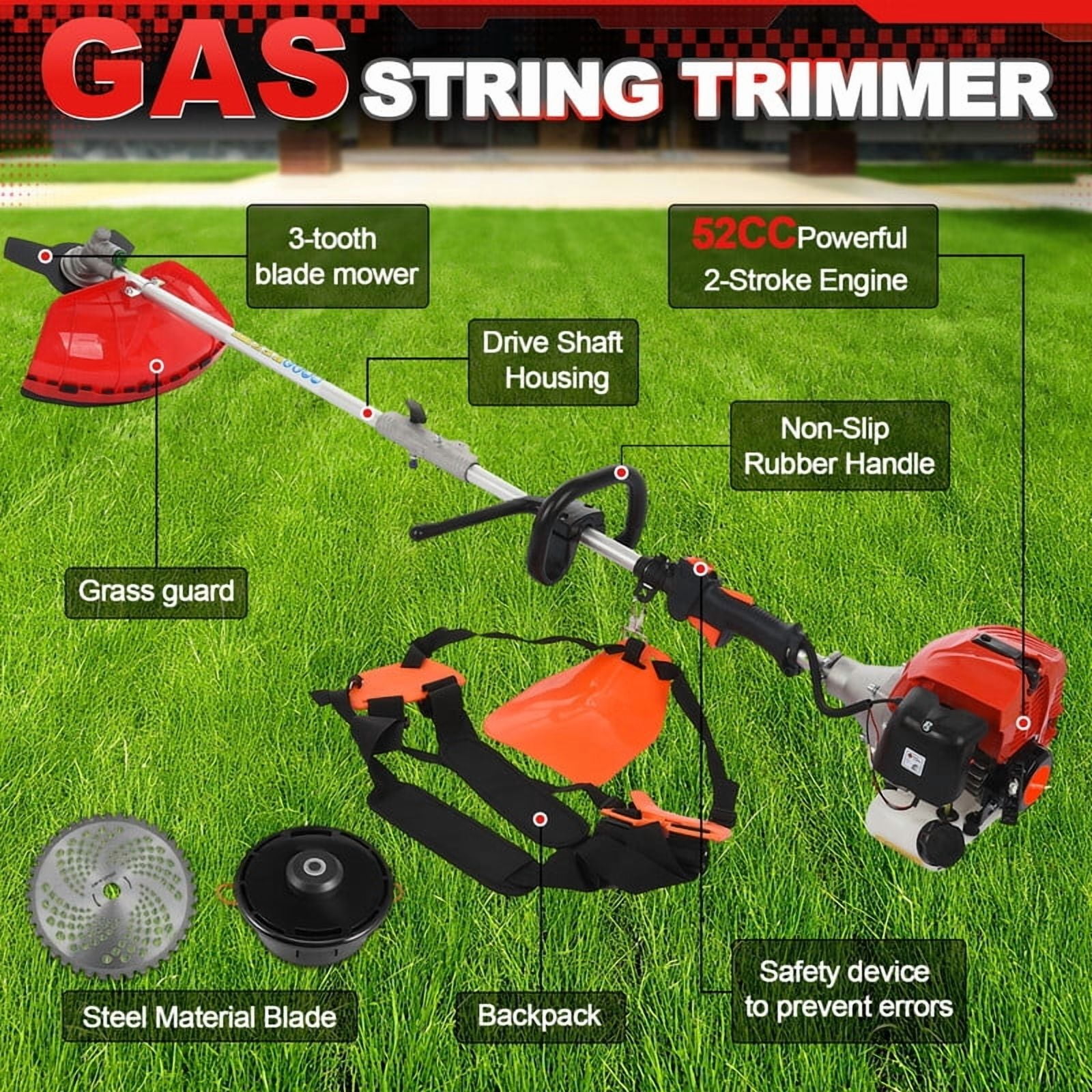 WETS 52CC 2-Cycle Gas String Trimmer, 5-in-1 Multi-Functional Brush Cutter and Hedge Trimmer (Red, 52CC Engine) pdli0