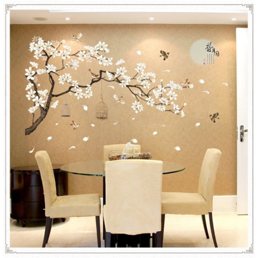 AKDSteel Large Tree Wall Decals with Birds and Flowers (White, 73.6 in x 50.4 in) 81vgn
