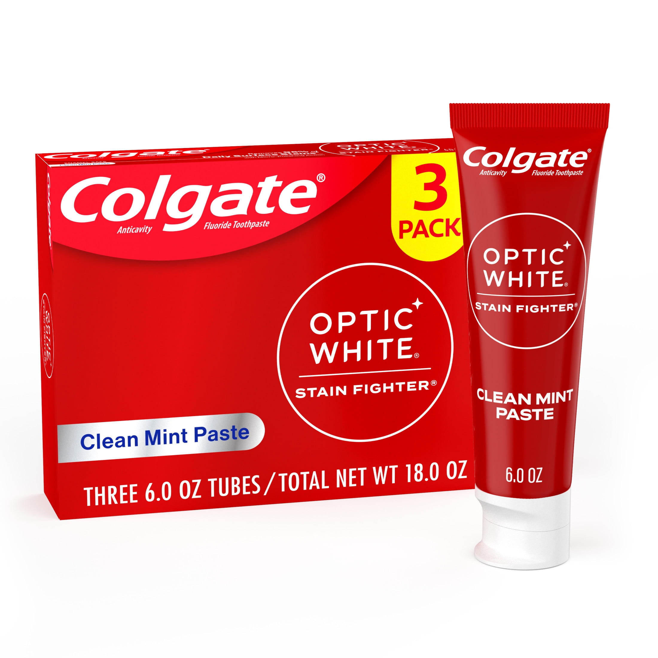 Colgate Optic White Stain Fighter Whitening Toothpaste, Clean Mint (White, 3 Pack of 6 oz) rmawf
