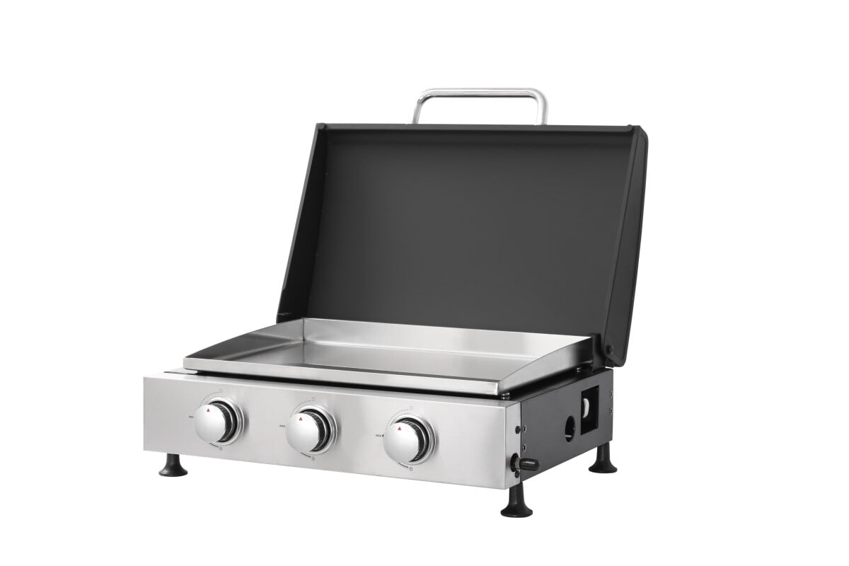 GORTES 3-Burner Gas Grill, Stainless Steel Outdoor BBQ with Teppanyaki Plate and Cast Iron Grates (Silver, 391 sq. in.) 3i5t0