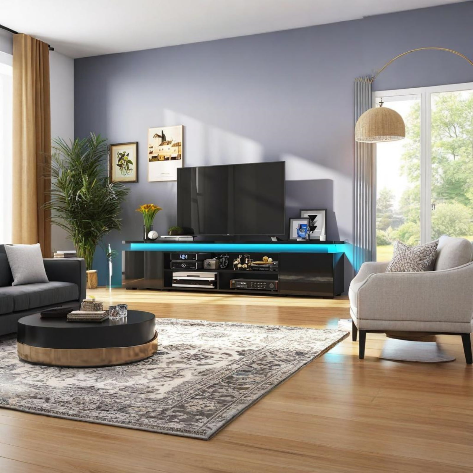 Chvans LED TV Stand for 85 in TVs with Power Outlet and RGB Lighting (Black, 75 in) 0xixa