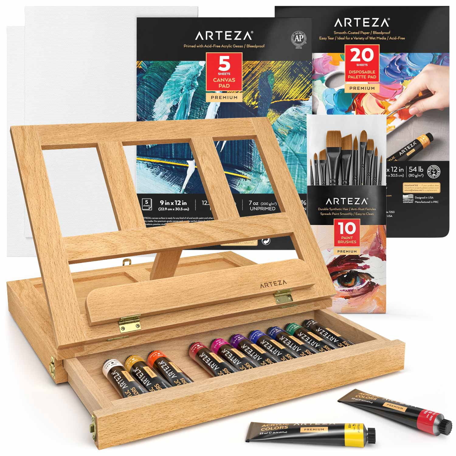 Arteza Essentials Tabletop Easel Art Set with Acrylic Paint, Brushes, and Canvas Pads (Brown, 1 Set) p7x7p