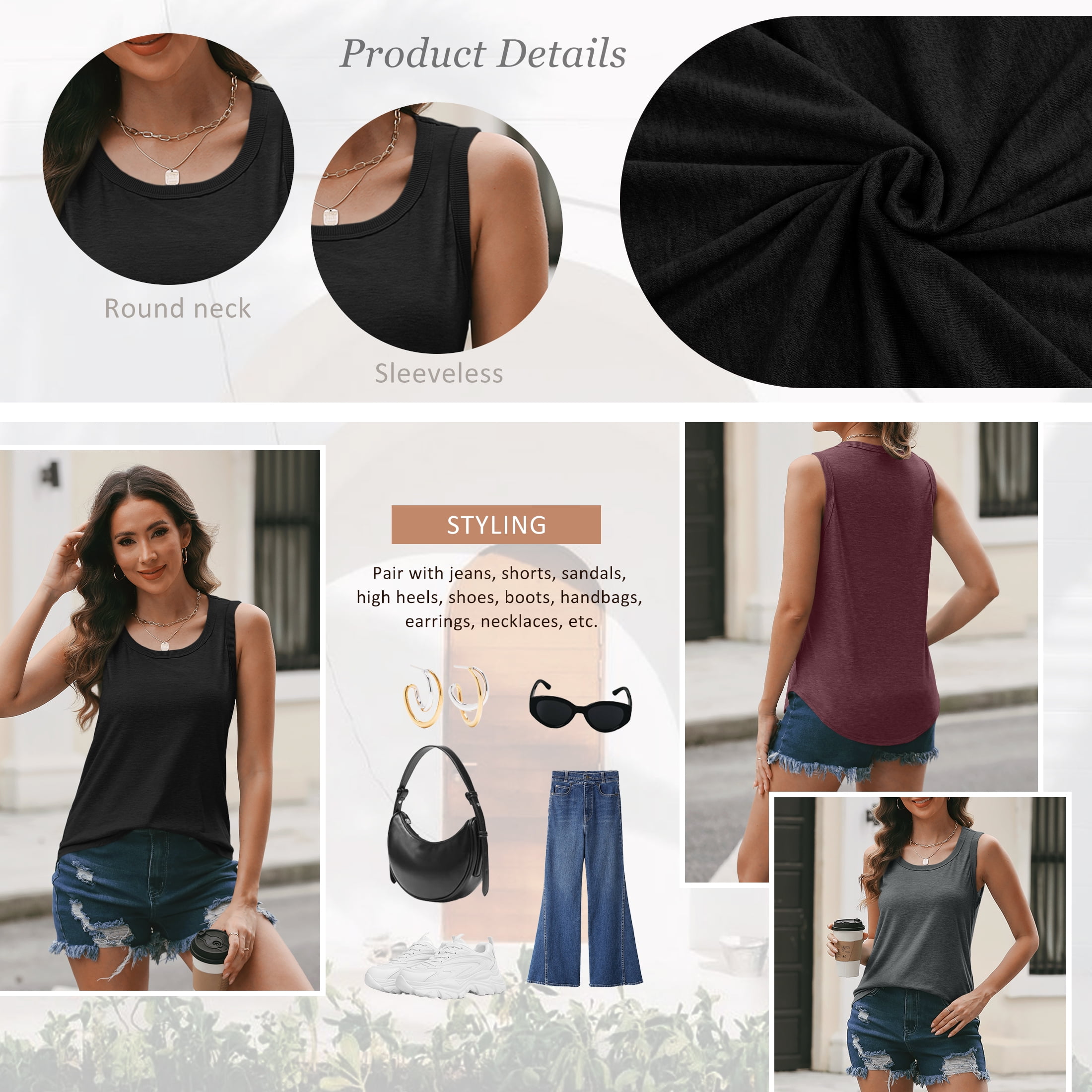 SUNBS Women's Casual Crewneck Sleeveless Tank Top Loose Fit Summer Blouse (Black, XL) ch93j
