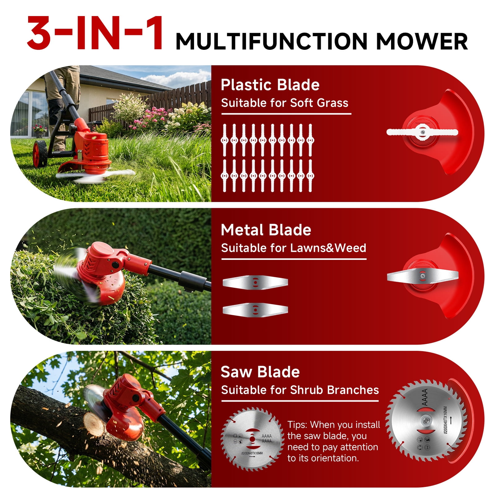 Tanbaby Cordless Weed Wacker and String Trimmer with 3-Blade System (Red, 6 in) f7m2x