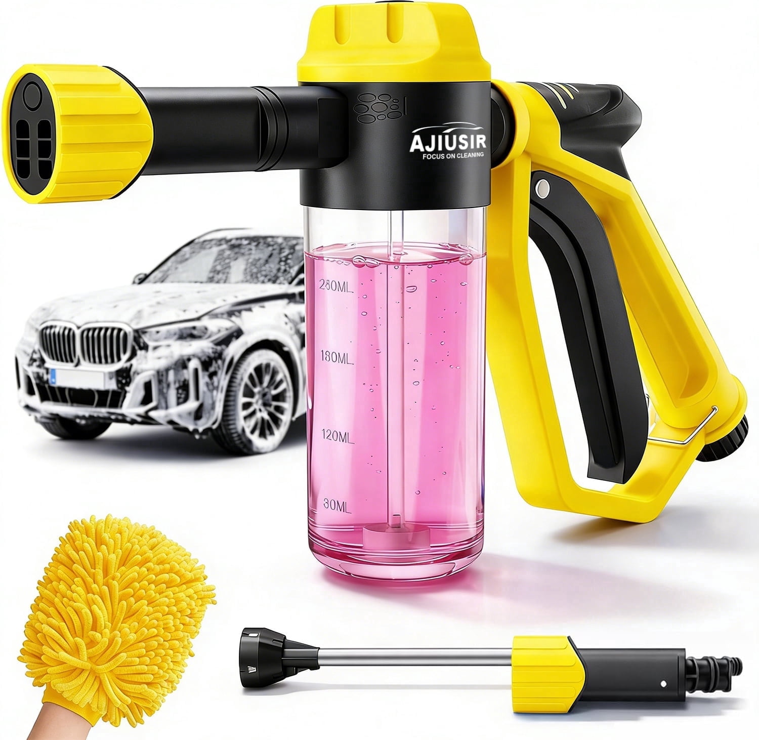 AJIUSIR Adjustable High Pressure Foam Gun Car Wash Kit with Microfiber Wash Mitt (Yellow, 1 Pack) fbw1b