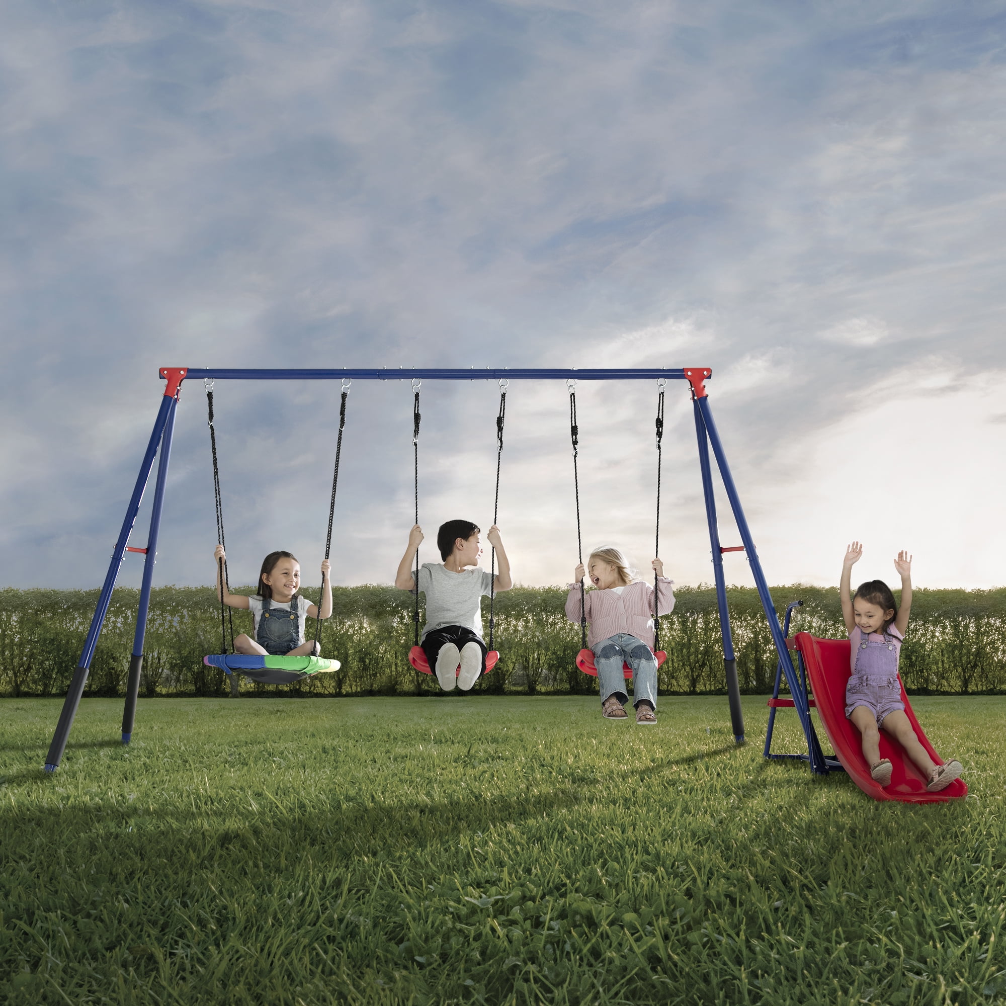 Delta Children FunZone Outdoor Metal 4-Piece Swing Set (Blue/Red, 109.4 in W x 54 in D x 68.9 in H) bfc6b