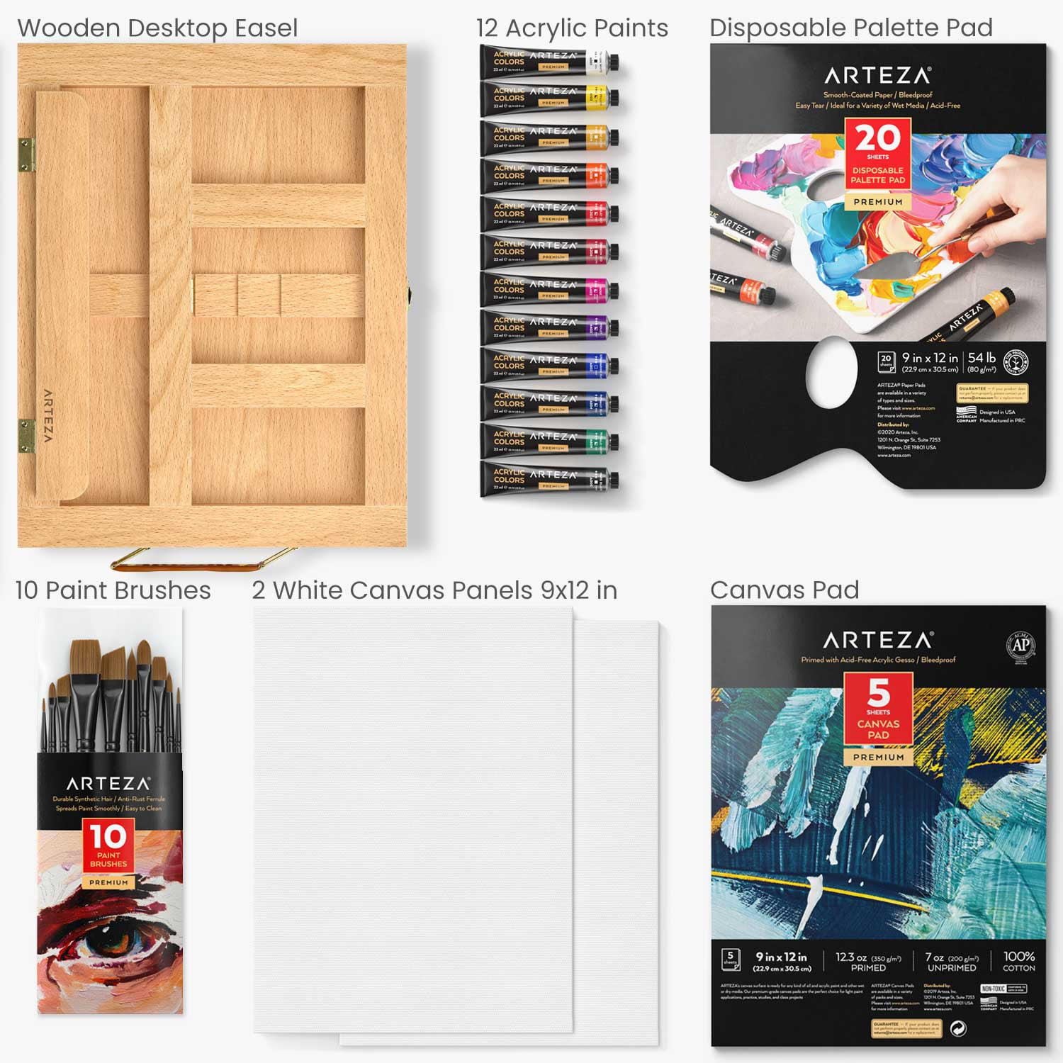 Arteza Essentials Tabletop Easel Art Set with Acrylic Paint, Brushes, and Canvas Pads (Brown, 1 Set) p7x7p
